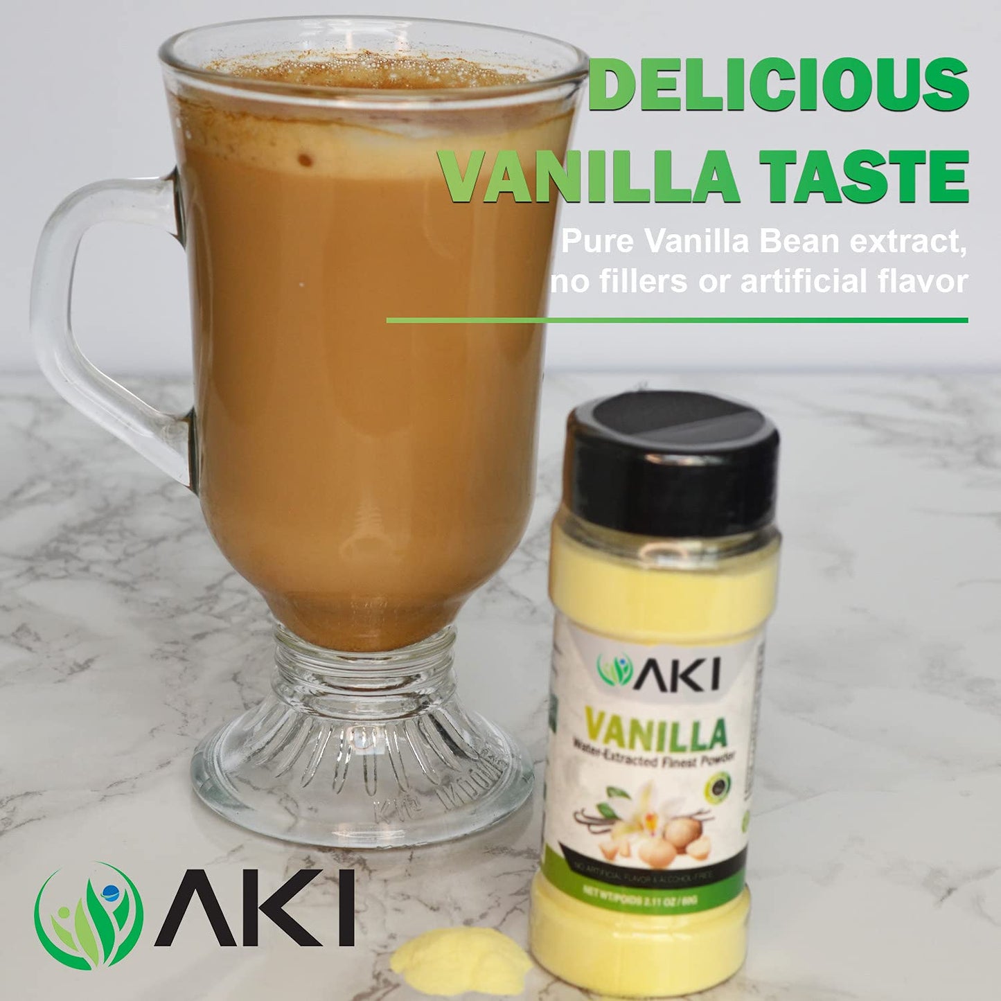 Aki Vanilla Water Extracted Powder From Authentic Beans For Flavoring, Cooking, Baking & Smoothies - Sugar Free &   Free - Added 2% Monk Fruit Sweetener - Non-Gmo & Vegan (2.11Oz/60G)
