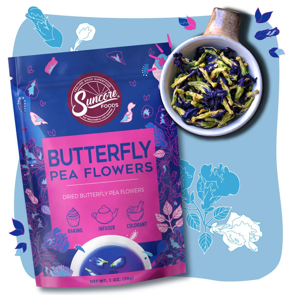 Suncore Foods Dried Butterfly Pea Flowers Tea, Caffeine-Free, Gluten-Free, Non-GMO, 1oz, Purple/Blue/Pink