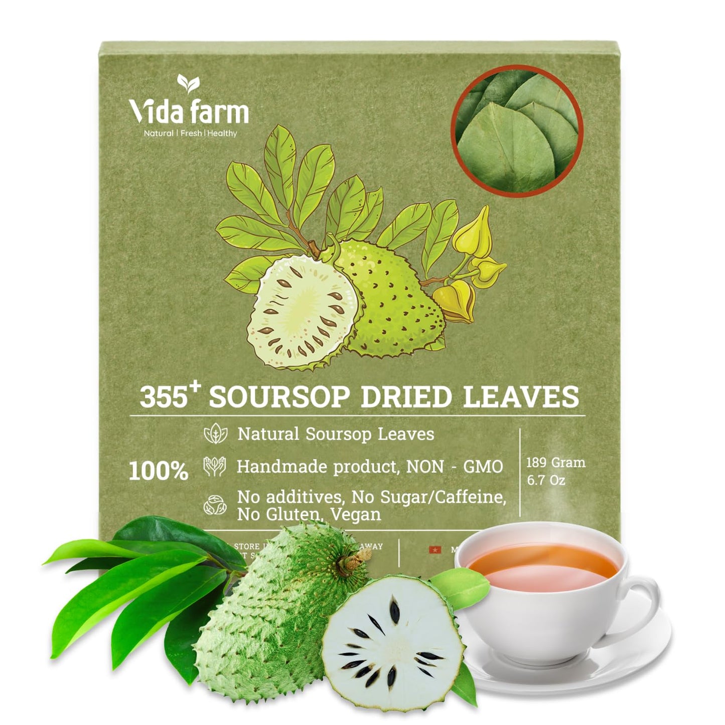 VIDA FARM Dried Soursop Tea Leaves, Natural Graviola Herbal Tea, 355 Leaves, Dark Yellow