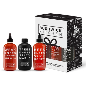 Bushwick Kitchen Spicy Sampler Gift Box  Set Includes Our Gochujang Sriracha  Spicy Maple Syrup  And Spicy Honey Hot Sauces  5 Recipes  Chile Pepper Dish Towel  And Bushwick Kitchen Gift Box