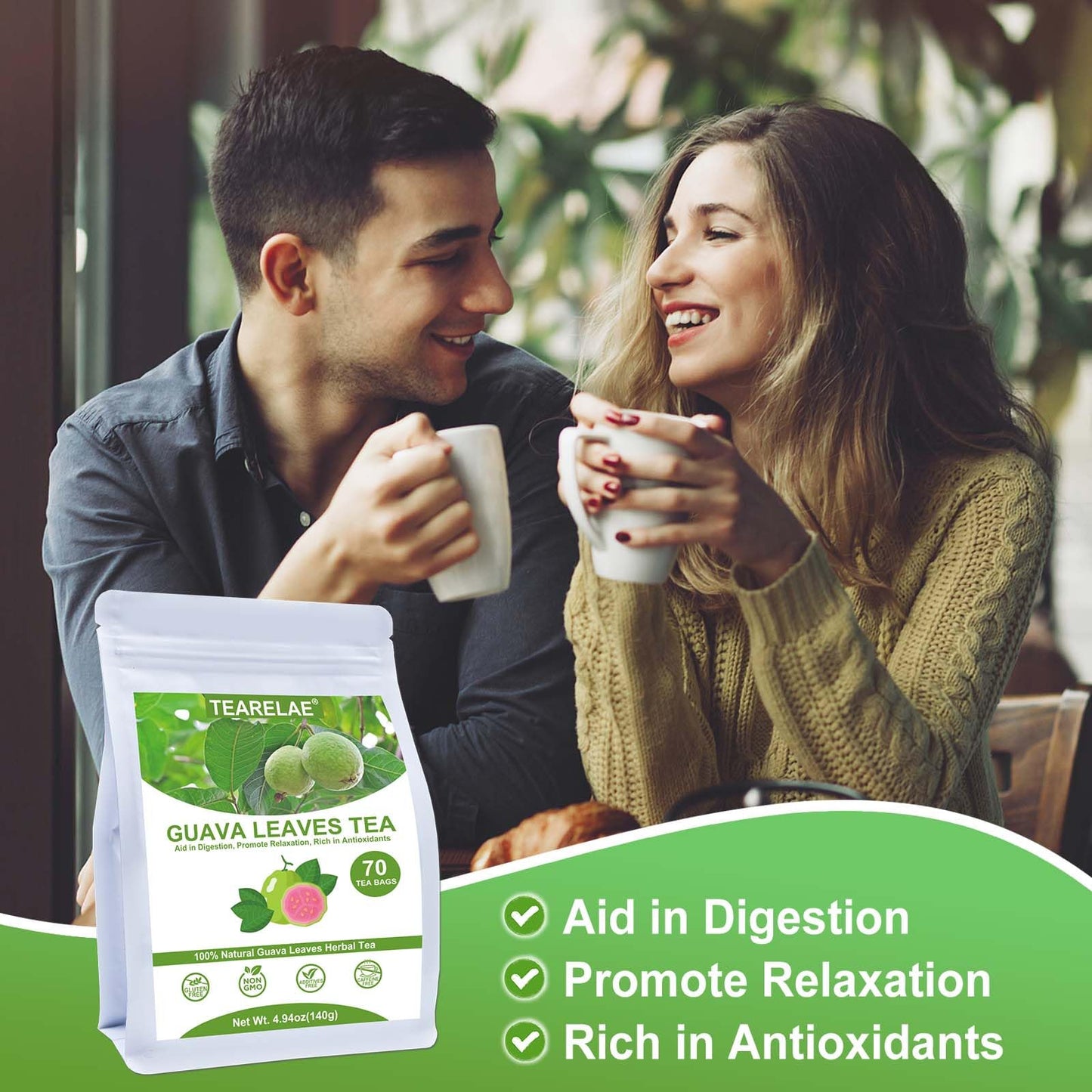 TEARELAE Guava Leaves Tea Bags - 100% Pure Natural - Caffeine-Free - 70 Count