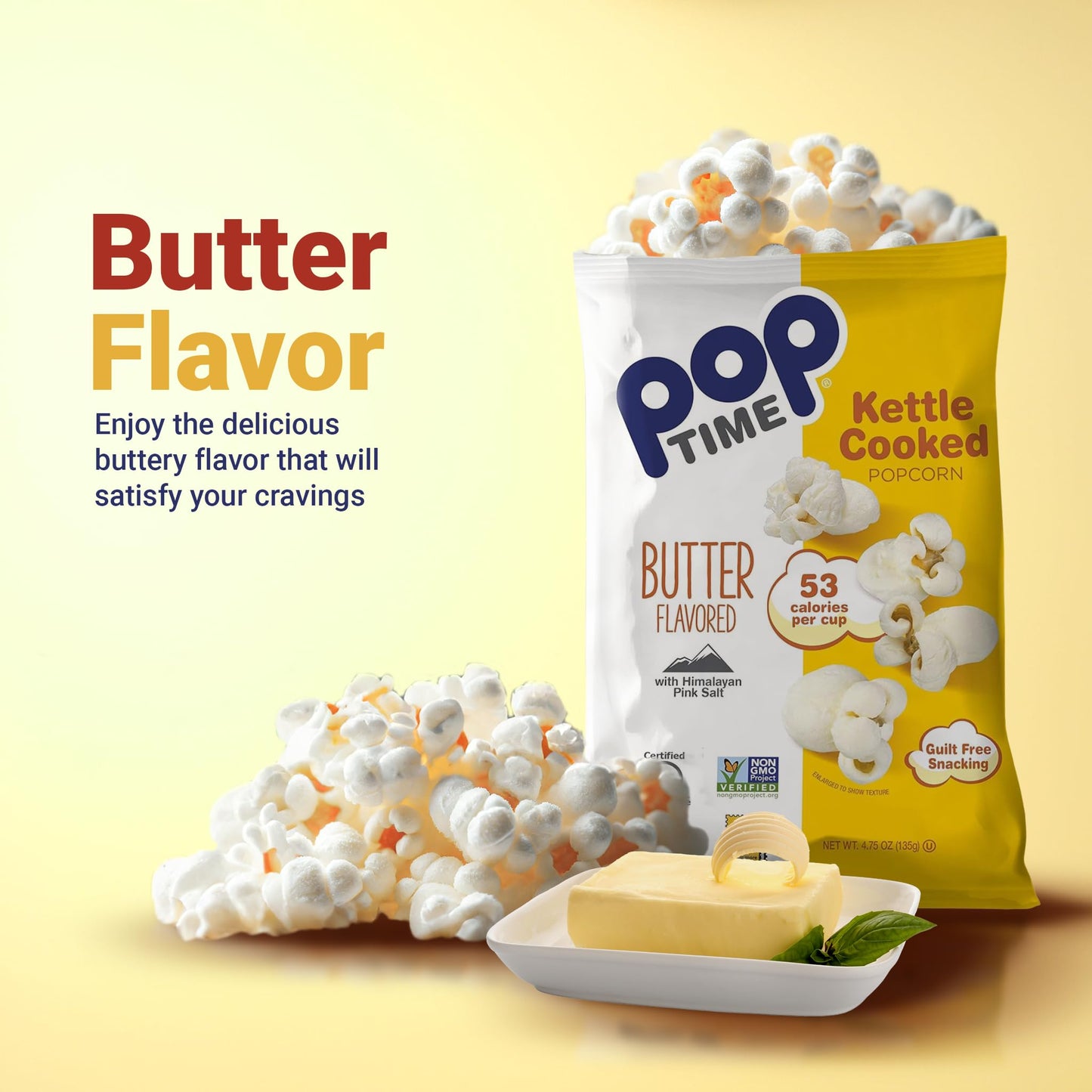 Poptime Kettle Cooked Popcorn - Butter, 4.75Oz Bags (Pack Of 12), Non-Gmo, Gluten Free, Dairy Free, Kosher, Whole Grain, Low Cho