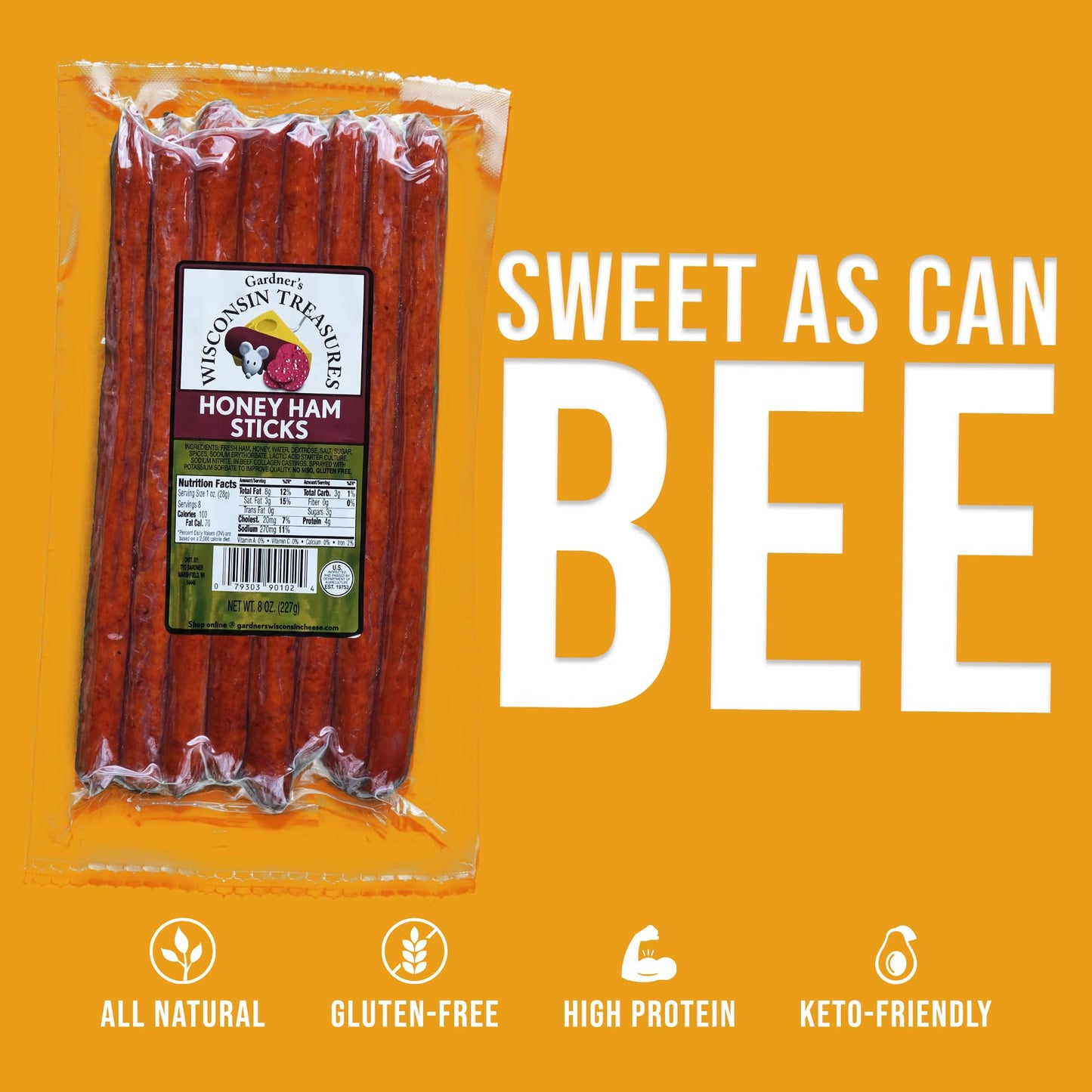 Gardners Wisconsin Cheese, Meat Sticks (1 Ounce Sticks, Pack of 8) - Honey Ham Flavor, Low Carb Snack, Does Not Require Refrige