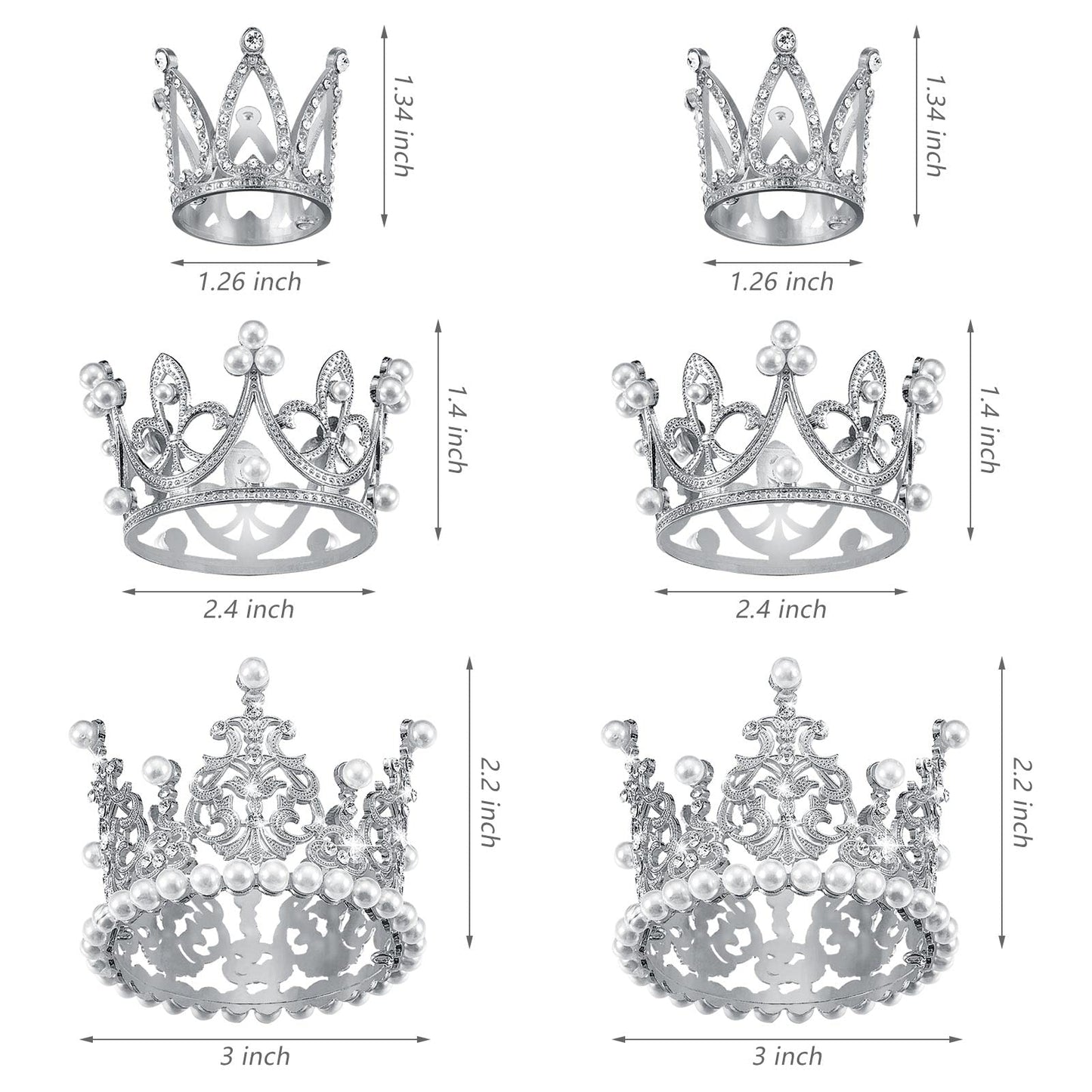 Moxweyeni 6 Pcs Crown Cake Topper Set - Artificial Pearl & Rhinestone - Silver Tiara for Birthday, Wedding & Baby Shower Decorations