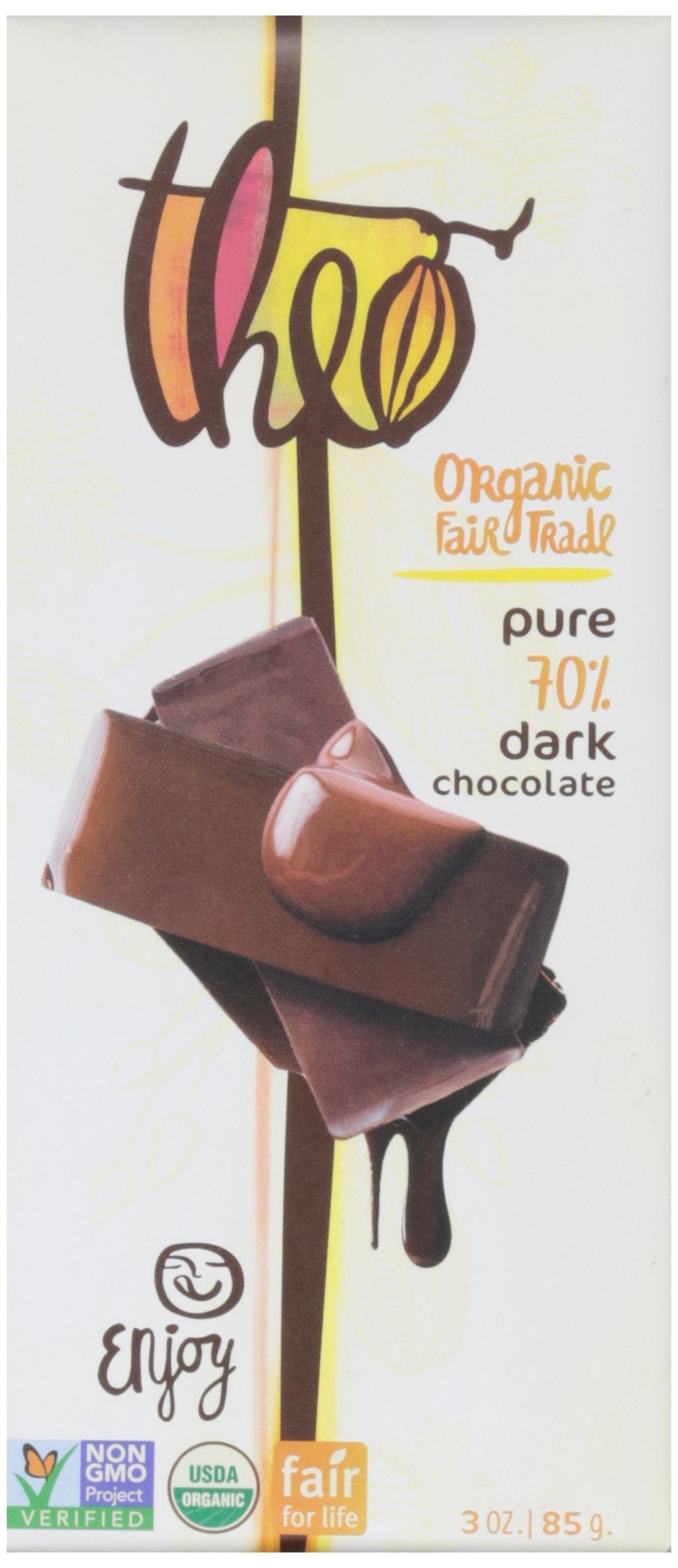 Theo Chocolate Pure Organic Dark Chocolate Bar, 70% Cacao, 1 Bar | Vegan, Fair Trade