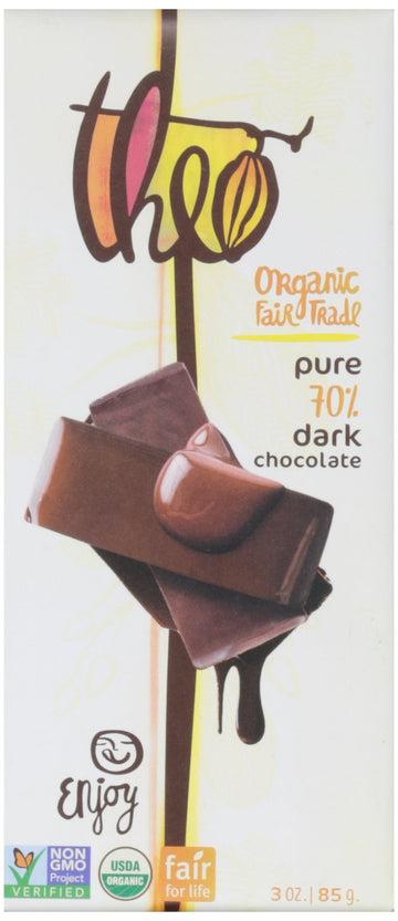 Theo Chocolate Pure Organic Dark Chocolate Bar, 70% Cacao, 1 Bar | Vegan, Fair Trade