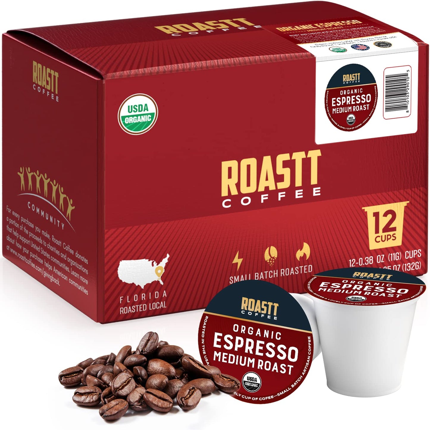 Roastt Coffee Organic Espresso Pods for Keurig, Medium Dark Roast, 12 Count