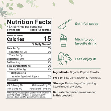 Organic Papaya Powder, 8Oz | 100% Natural Fruit Powder | Freeze-Dried Papayas Source | No Sugar & Additives | Great Flavor For D