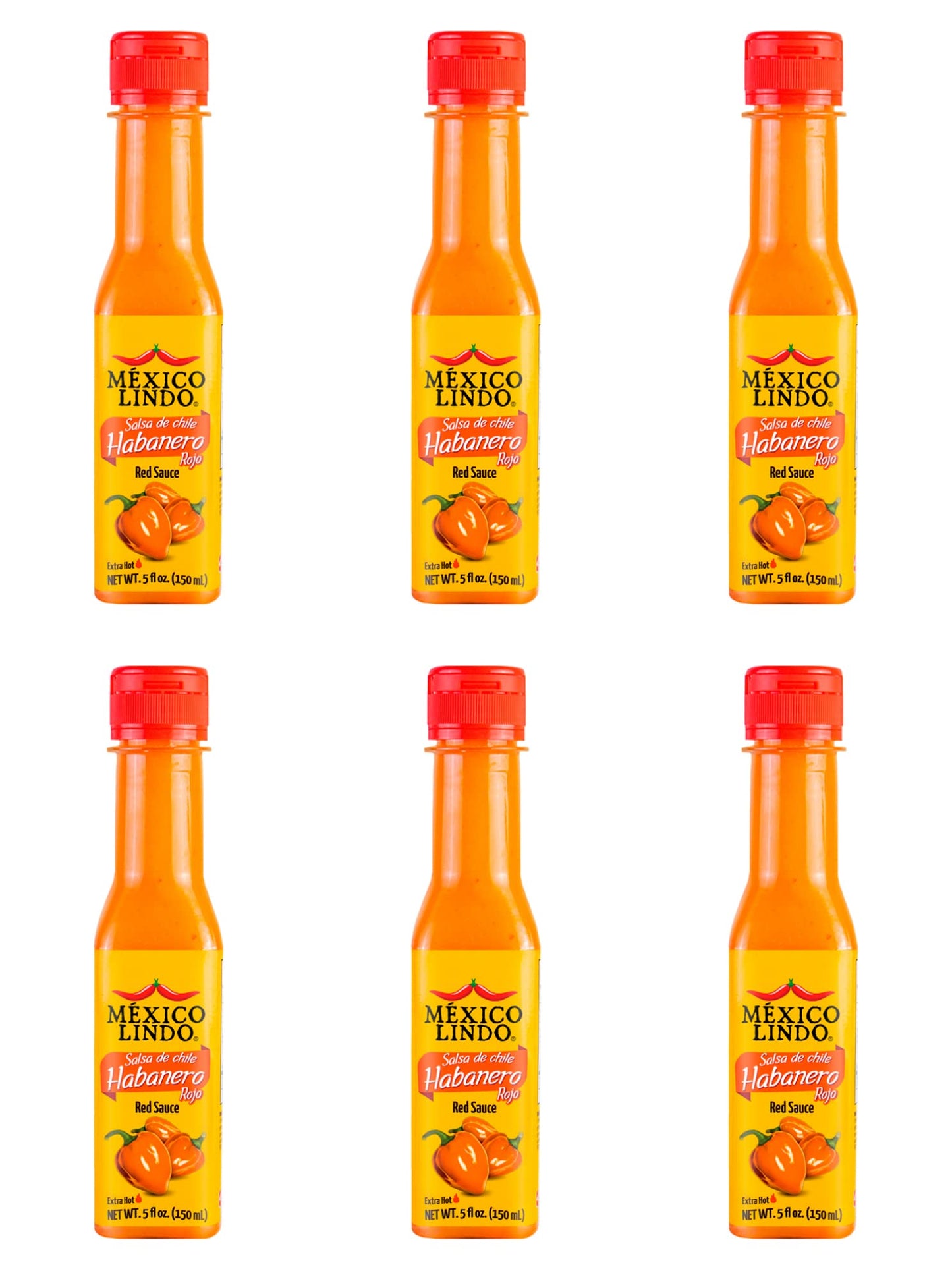 Mexico Lindo Red Habanero Hot Sauce | Real Red Habanero Chili Pepper | 78,200 Scoville Level | Enjoy With Mexican Food, Seafood & Pasta | 5 Fl Oz Bottles (Pack Of 6)