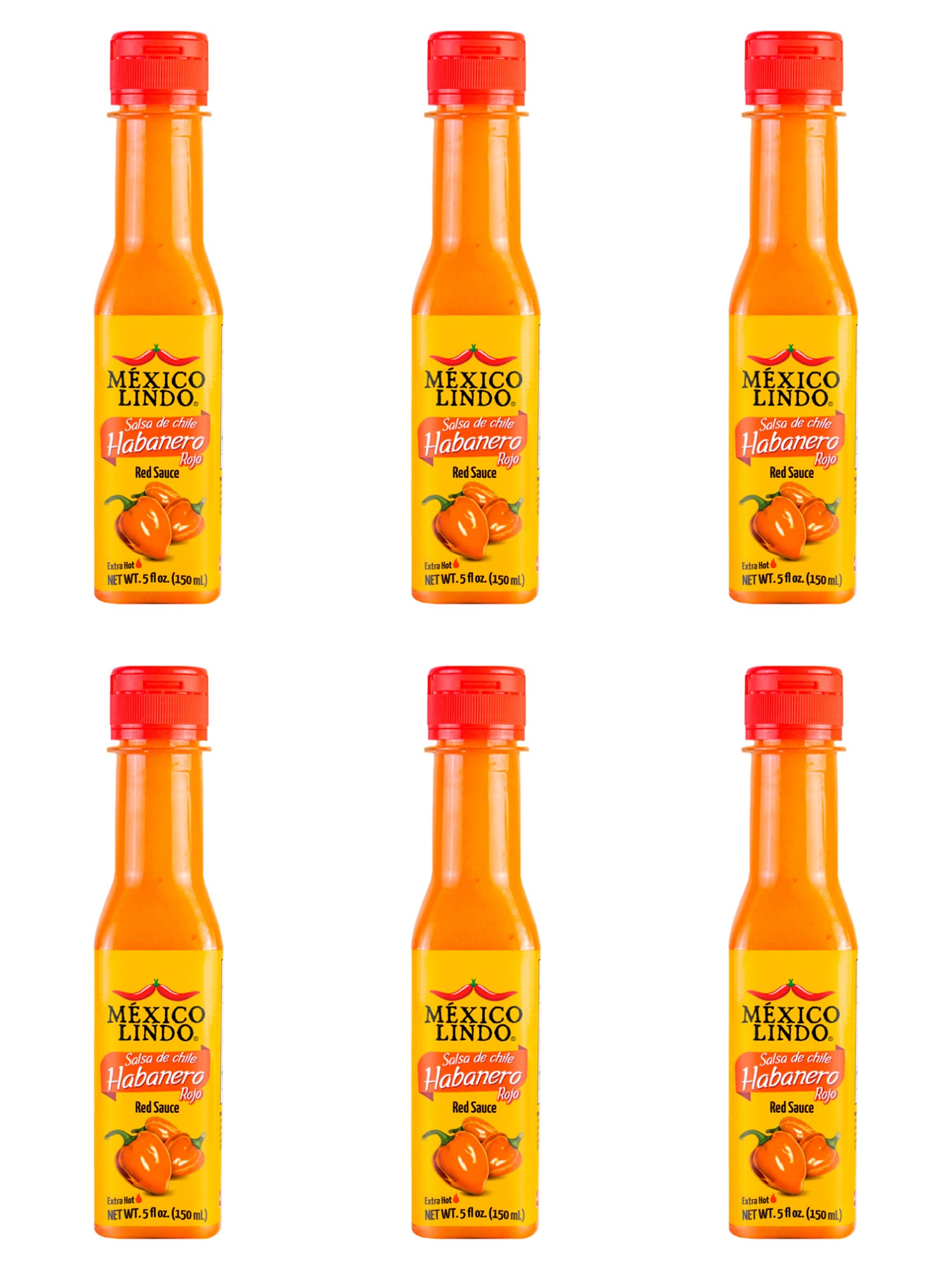 Mexico Lindo Red Habanero Hot Sauce | Real Red Habanero Chili Pepper | 78,200 Scoville Level | Enjoy With Mexican Food, Seafood & Pasta | 5 Fl Oz Bottles (Pack Of 6)