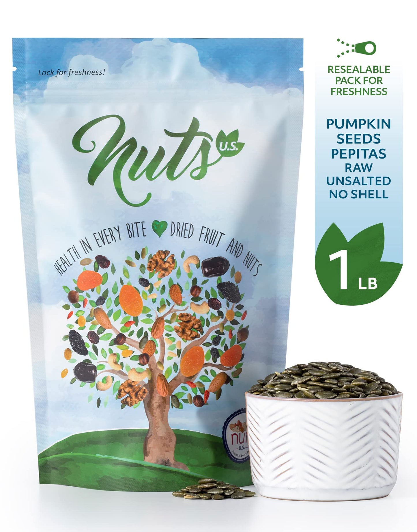 Nuts U.S. - Pumpkin Seeds (Pepitas) | Raw And Unsalted | No Shell | Aa Grade | Vegan And Gluten Free | Packed In A Resealable Bag!!! (1 Lb)