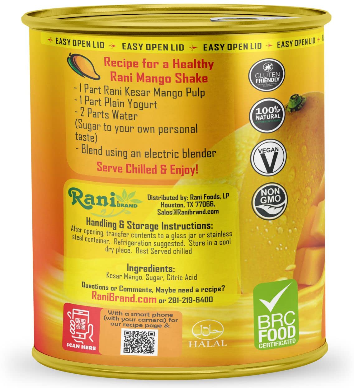 Rani Mango Pulp Puree (Makes Mango Lassi Shakes) Kesar Sweetened 30Oz (1.875Lbs) 850G Pack Of 6 ~ Kosher | All Natural | Non-Gmo | Vegan | No Colors | Gluten Friendly | Indian Origin