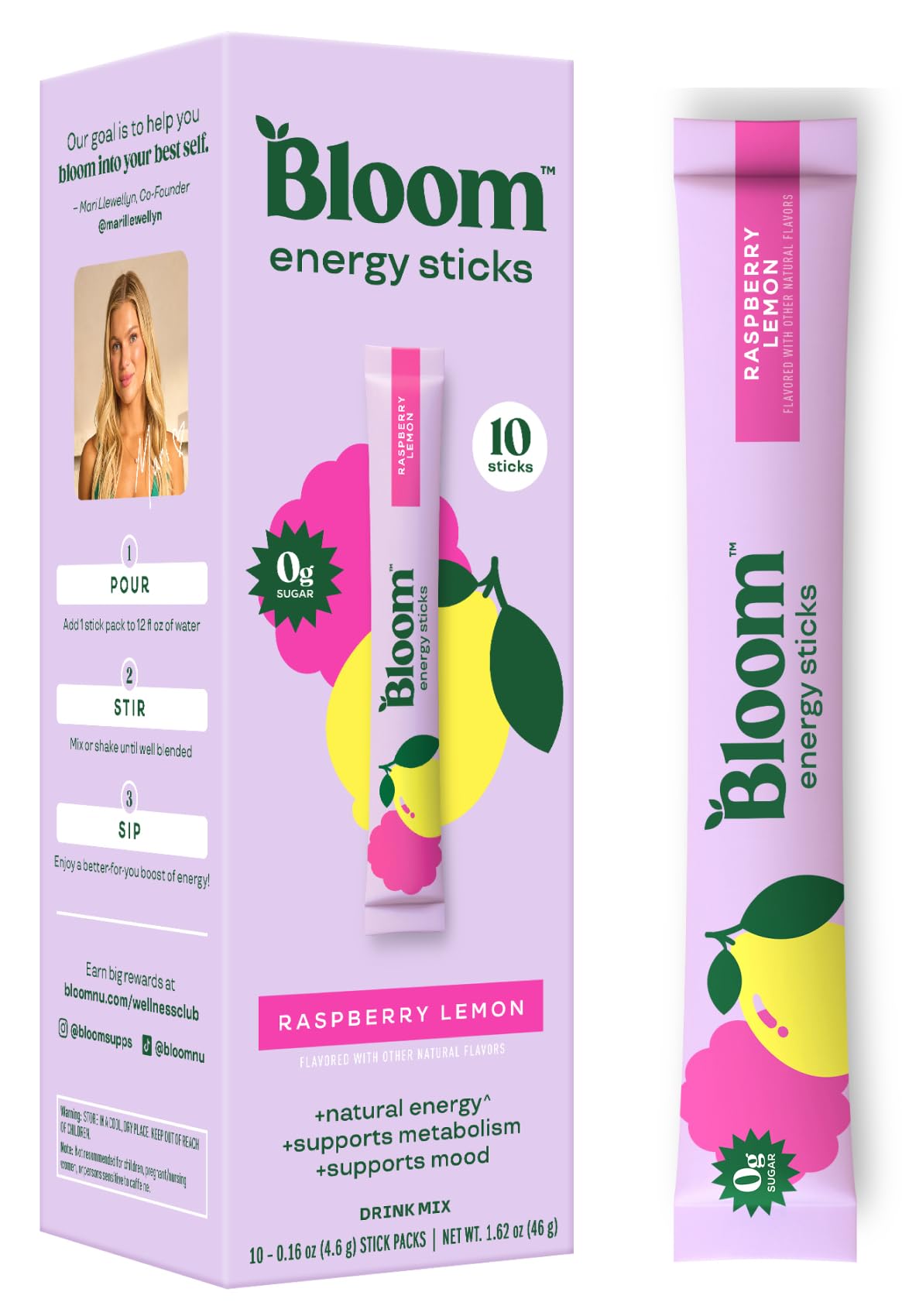 Bloom Nutrition Energy Drink Powder Packets  Sugar Free Energy Drink Mix with L-Theanine  B Vitamins & Natural Caffeine  On the Go Powder Sticks for Natural Energy  10 Calories (10 Pouches (Pack of 1)  Raspberry Lemonade)