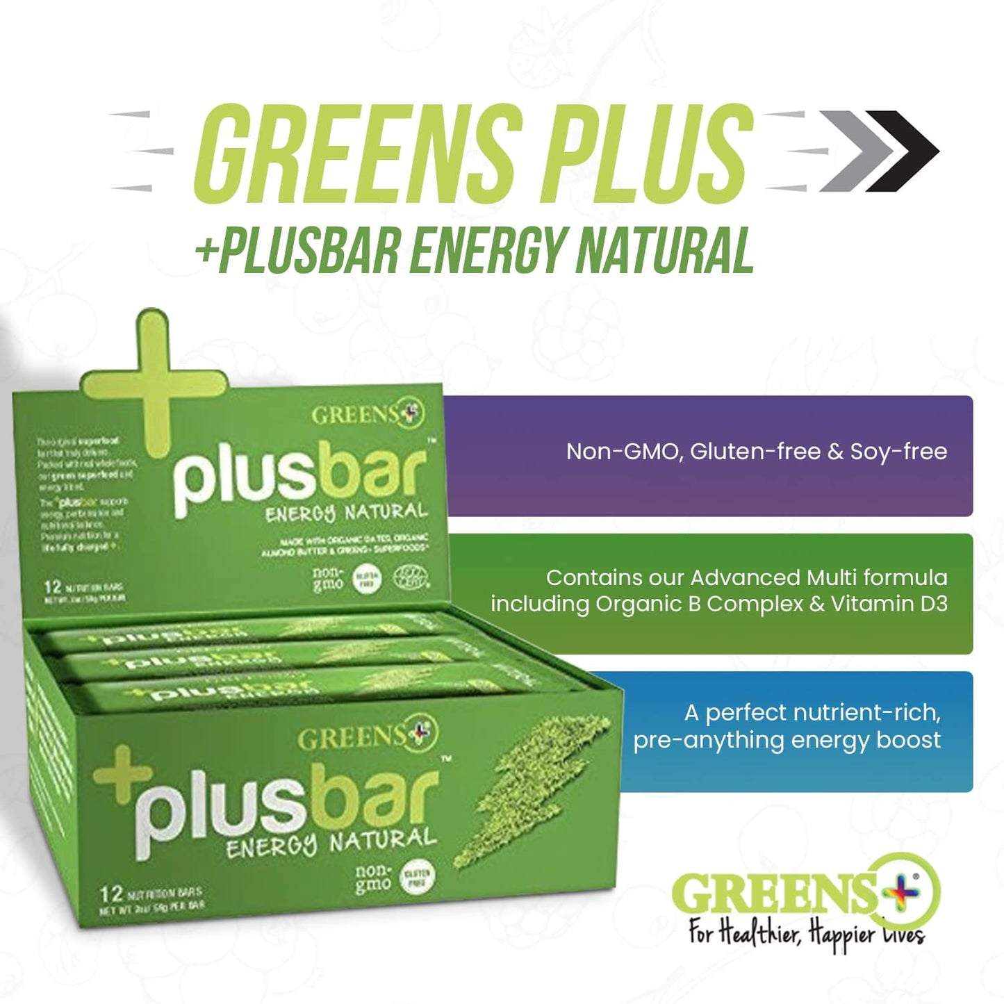 Greens+ Plusbar Energy, Natural, Gluten-Free Snack With Super Greens, Superfoods & Almond Butter, Vegan, Dairy-Free, Non-Gmo, 10G Protein Meal Replacement, 12 Pack