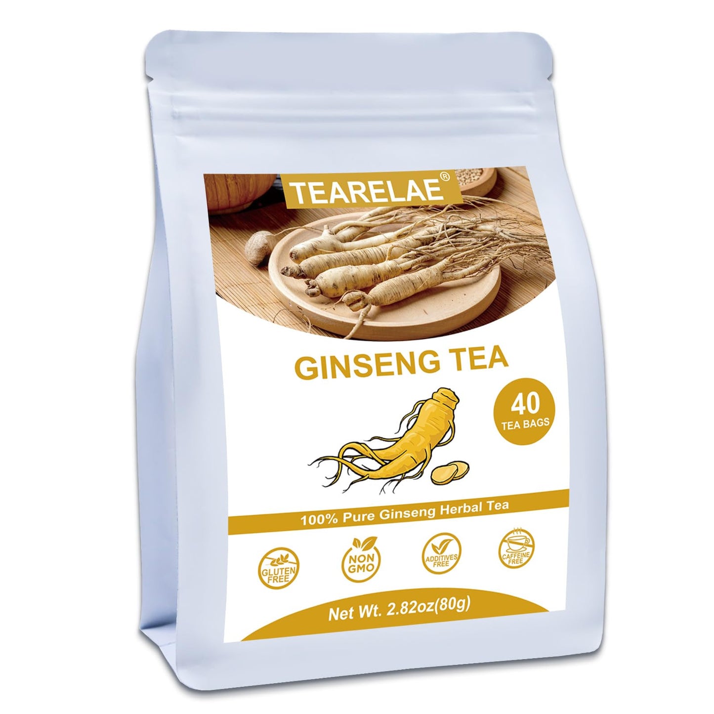TEARELAE Ginseng Tea Bags - Pure Ginseng Root - Caffeine-Free - 40 Count