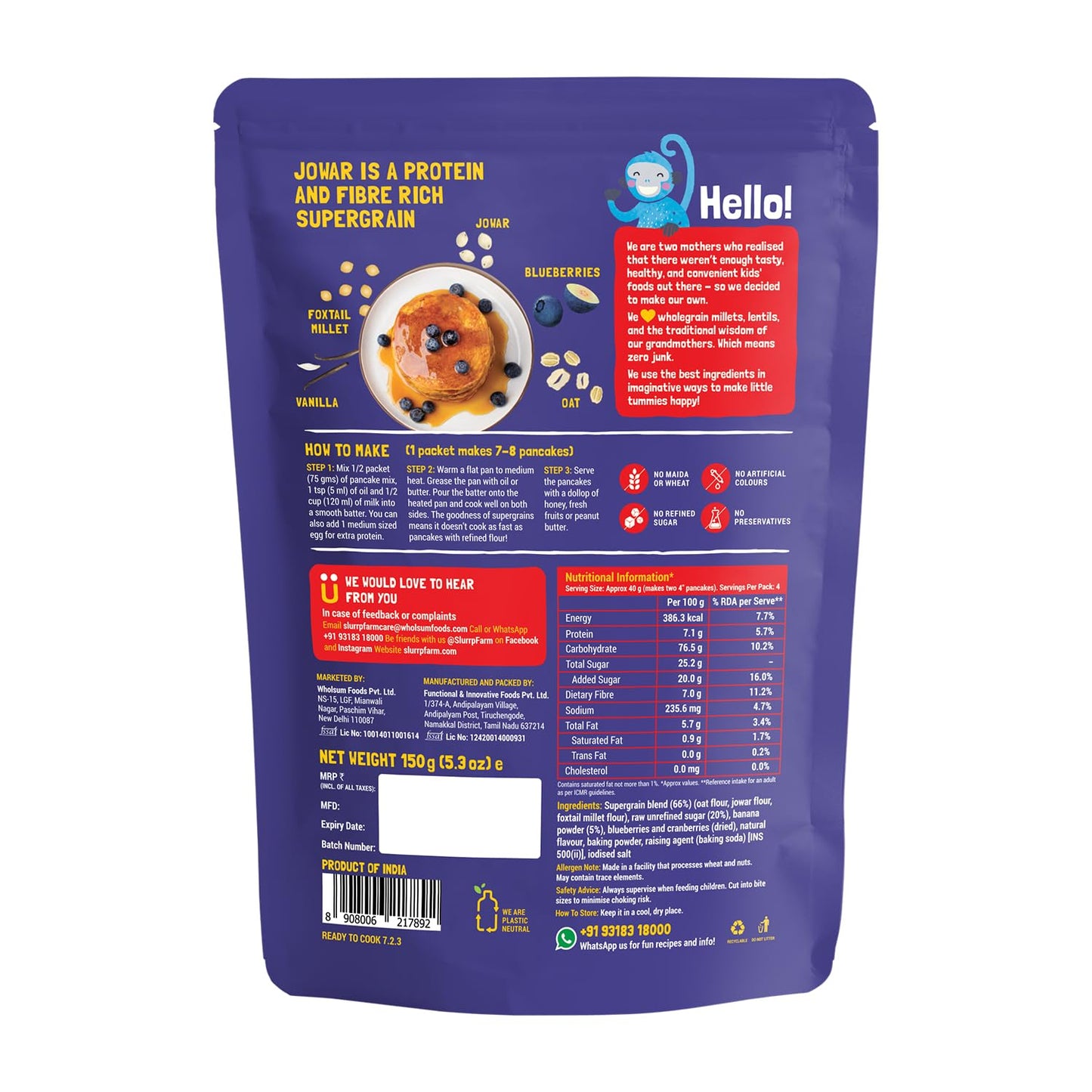 Slurrp Farm No Maida Blueberry Milk Pancake Mix | Instant Breakfast Mix Made With Oats And Jowar | Eggless Healthy Breakfast For