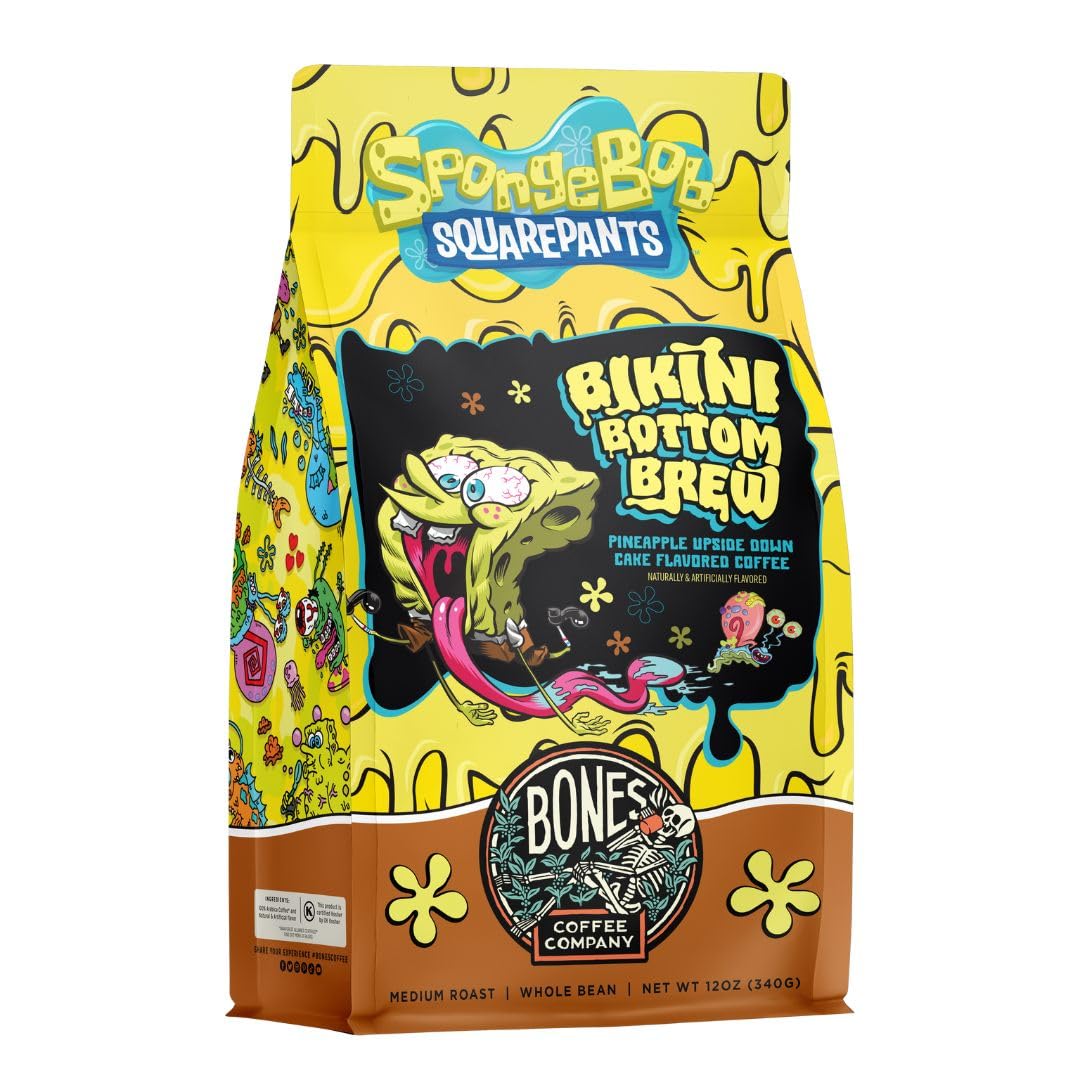 Bones Coffee Company Bikini Bottom Brew Whole Coffee Beans Beans Pineapple Upside Down Cake Flavor, Low Acid Flavored Coffee Made With Arabica Beans, Medium Roast Coffee Inspired By Spongebob (12 Oz)