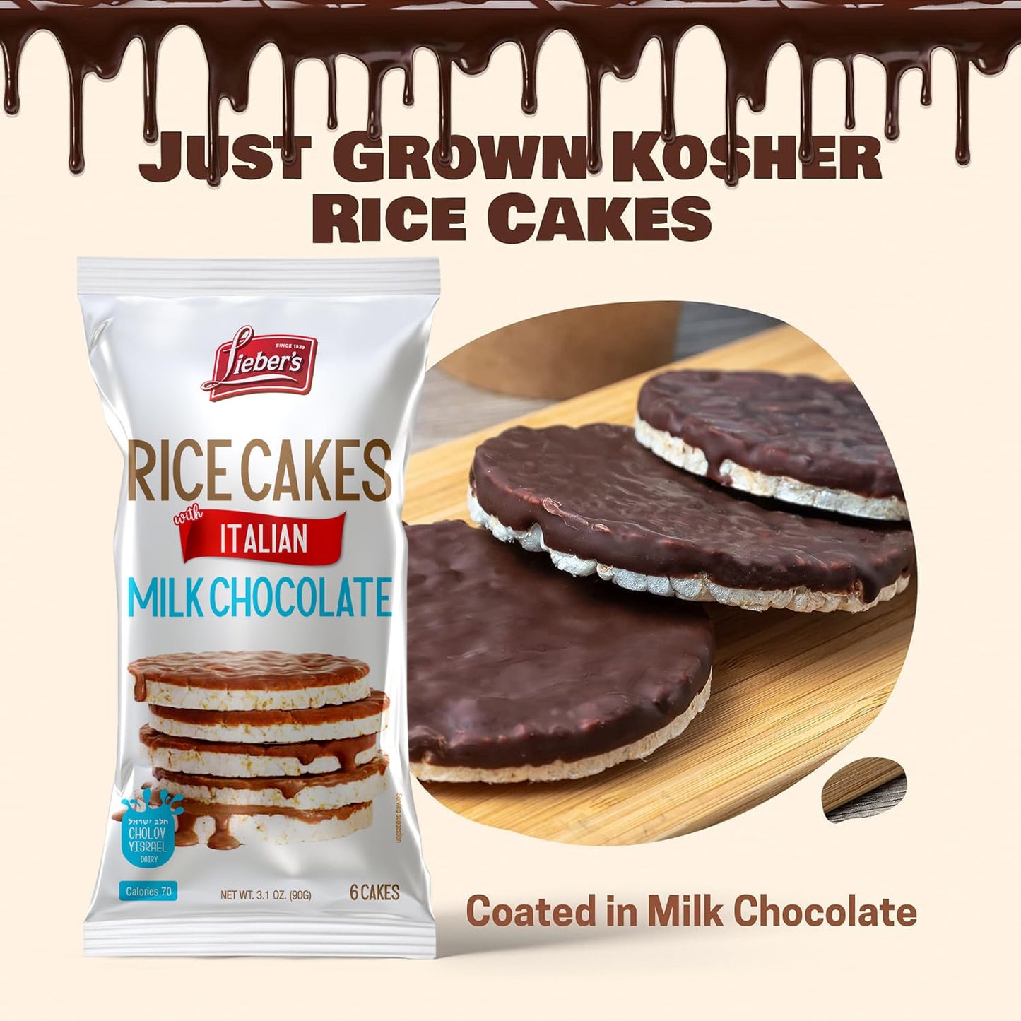 LIEBERS Kosher Certified Dairy Italian Milk Chocolate Rice Cakes, Gluten Free Snack Italian Milk Chocolate (pack of 3)