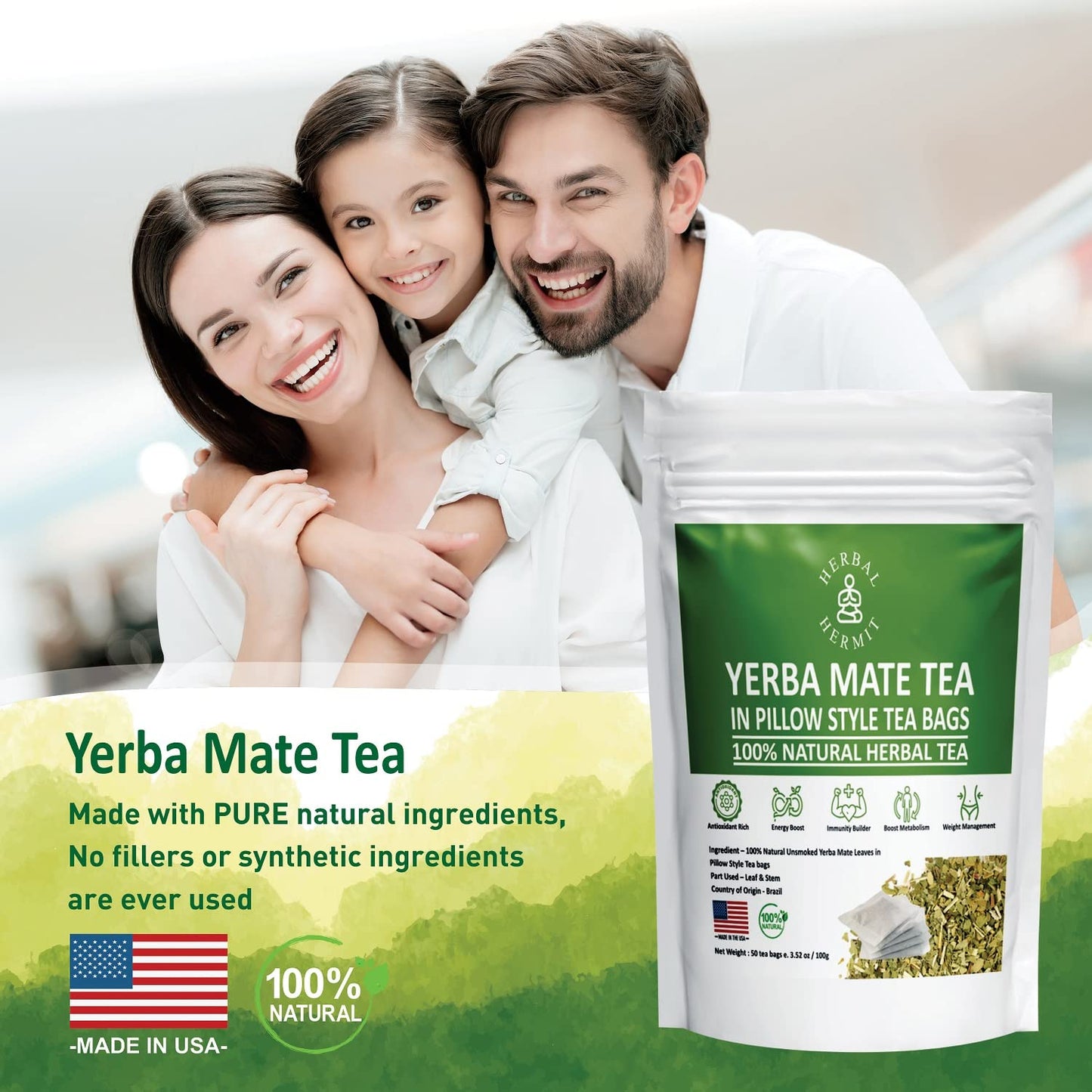 Herbal Hermit Yerba Mate Herbal Tea, 50 Tea Bags, 3.5 Ounce, Natural, Rich in Chlorophyll, Made in USA