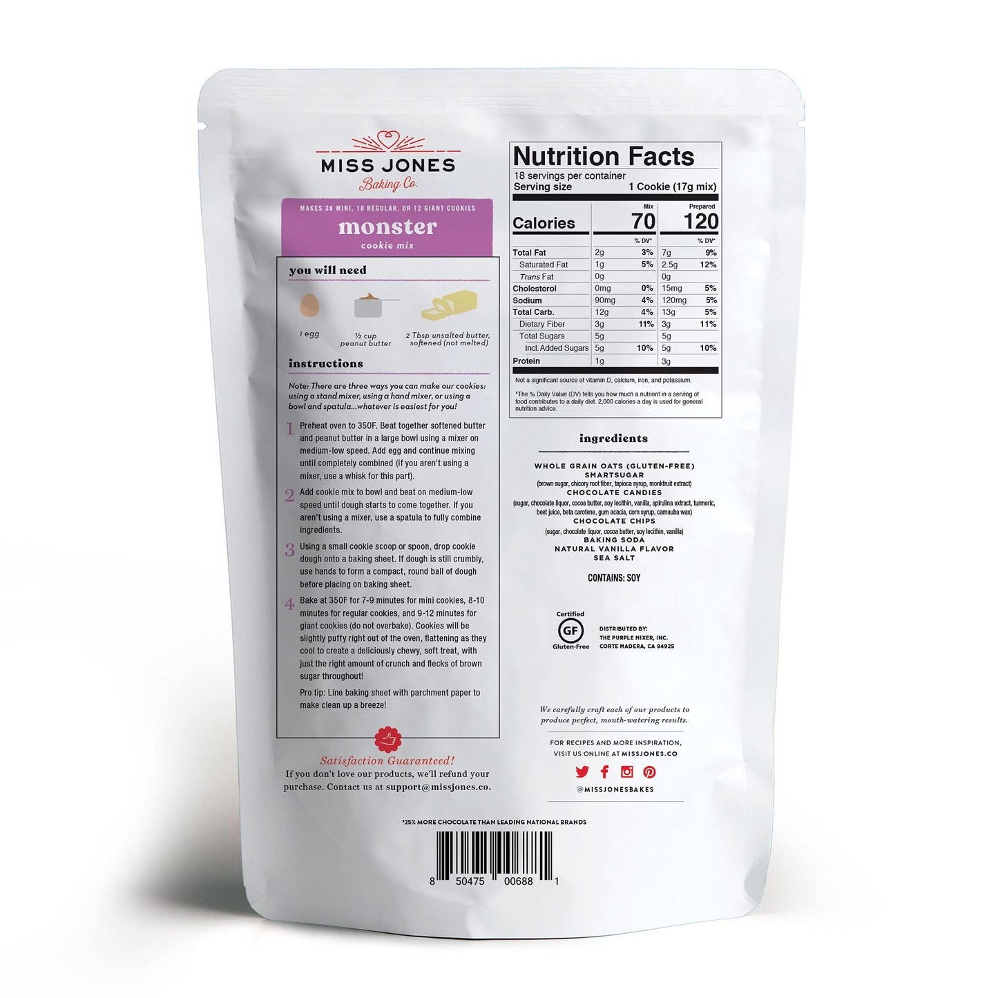 Miss Jones Baking Gluten-Free Chocolate Chip Cookie Mix - More Chocolate Chips, 50% Lower Sugar, Naturally Sweetened Desserts &