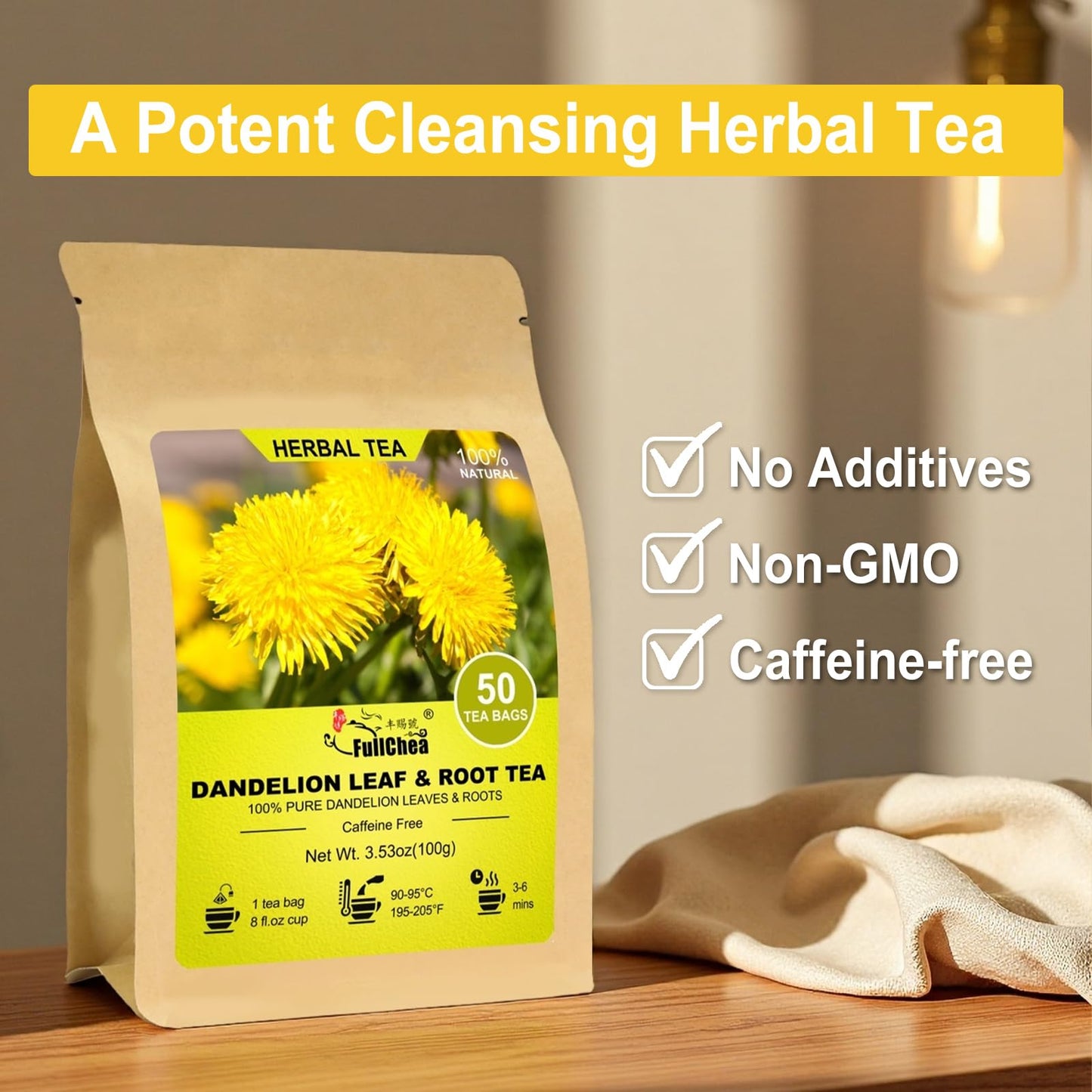 FullChea Dandelion Leaf & Root Tea Bags - 50 Count - Natural, Non-GMO, Caffeine-Free Herbal Tea for Digestion & Immune Support