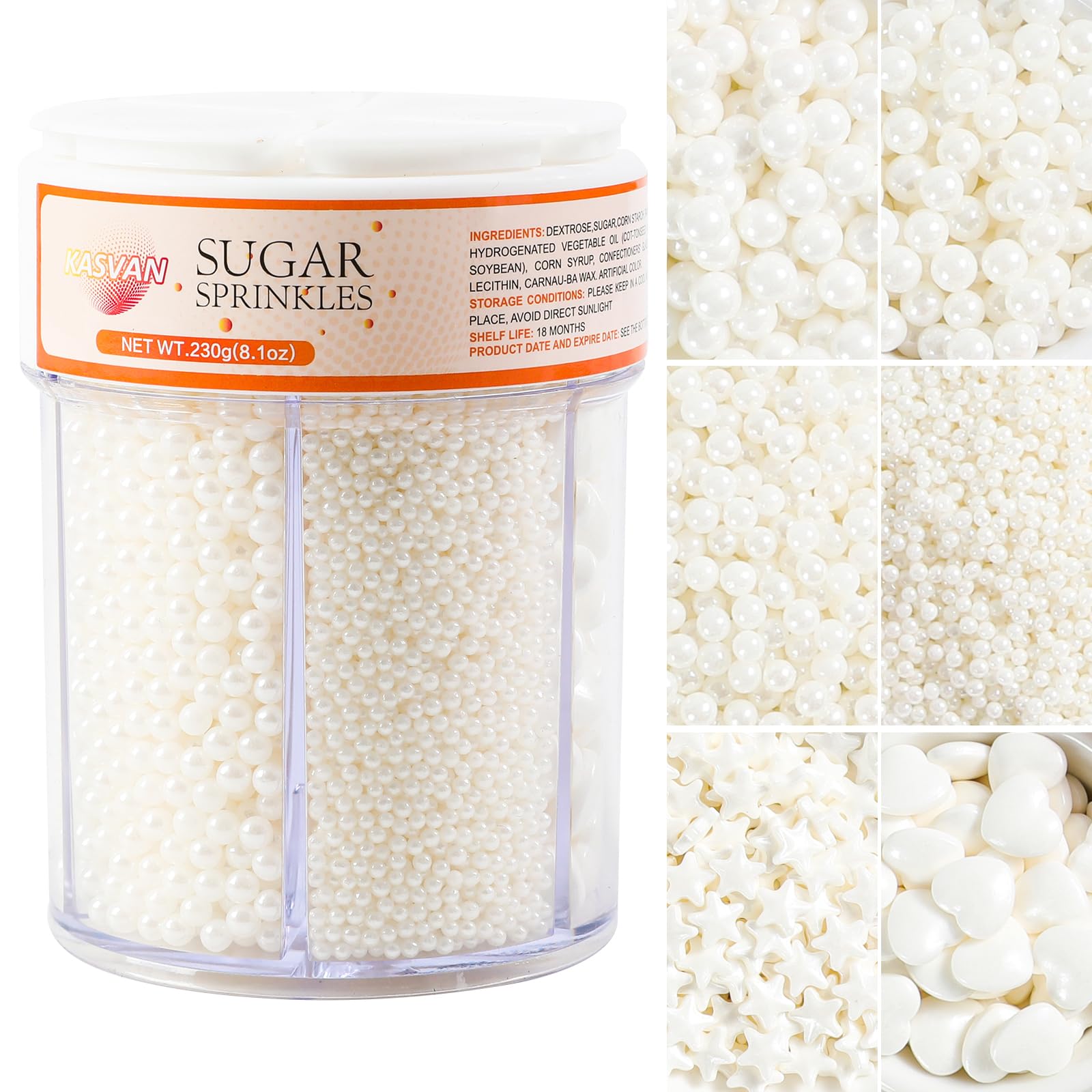 Kasvan White Pearl Sugar Sprinkles, 6 Sizes Mix for Cake Decorating, 230g/8.1oz, Ice Cream Toppings and Cookie Decorating, Weddi