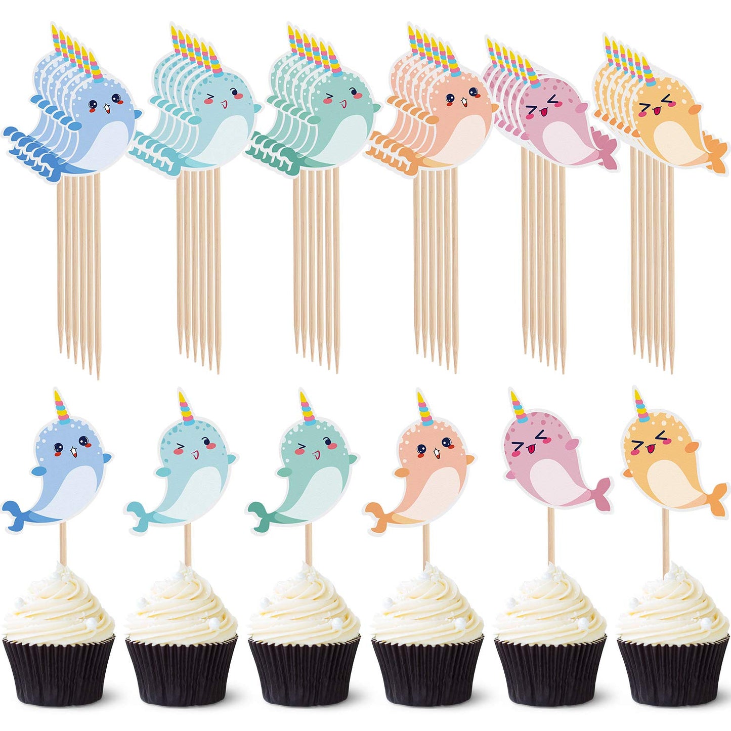 Boao Narwhal Cake Toppers, Ocean Birthday Party Decorations, 48 Count, Paper, Blue/Pink/Light Blue/Yellow/Light Green/Orange