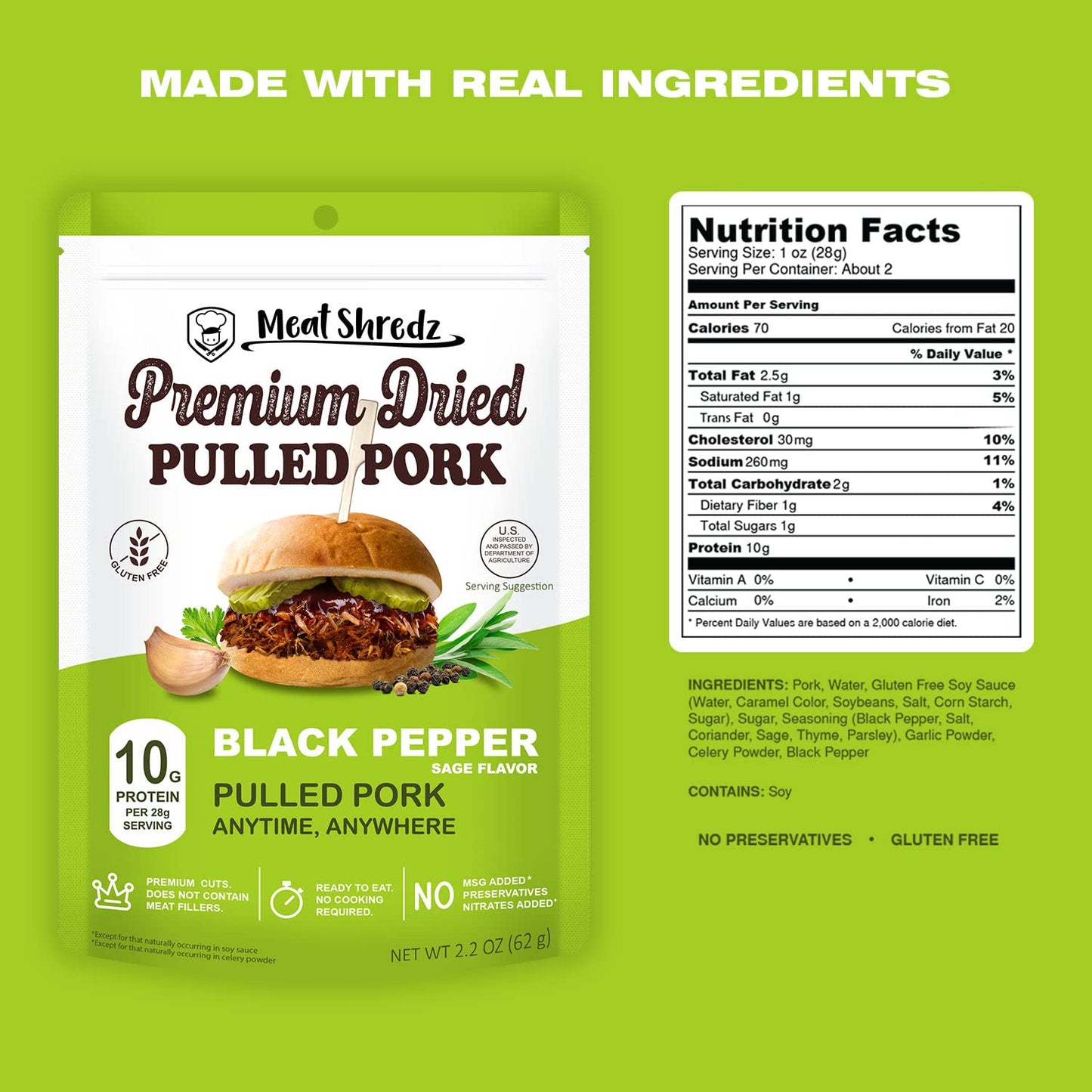 Meat Shredz - Enhanced Dried Pulled Pork (Black Pepper, 4 Pack) | Gluten Free | High Protein & Low Sugar | Bacon Bits | Dehydrated Backpacking & Camping Food | Shredded, Dried Jerky Chew Snack