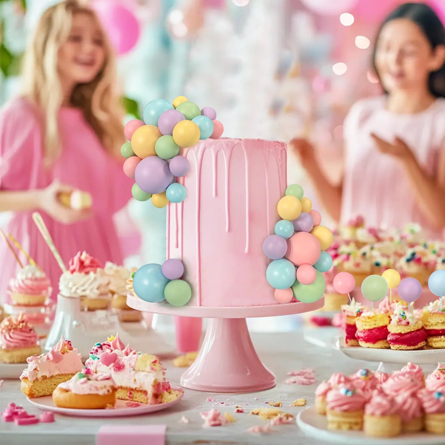 56 Pcs Colorful Ball Shaped Cake Topper Pearl Picks For Cupcake Insert, Birthday Party, Wedding Decoration Supplies (Pink, Yello