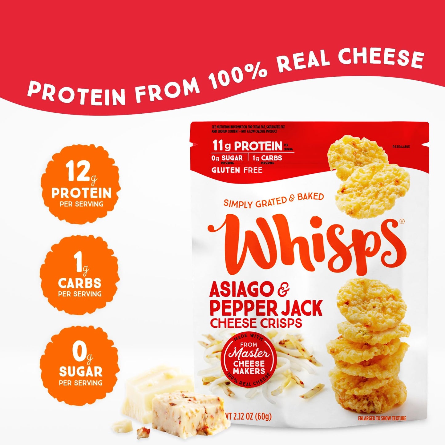 Whisps Cheese Crisps Asiago & Pepper Jack - Keto Snack, Gluten Free, High Protein, 2.12 Oz (Pack of 4)