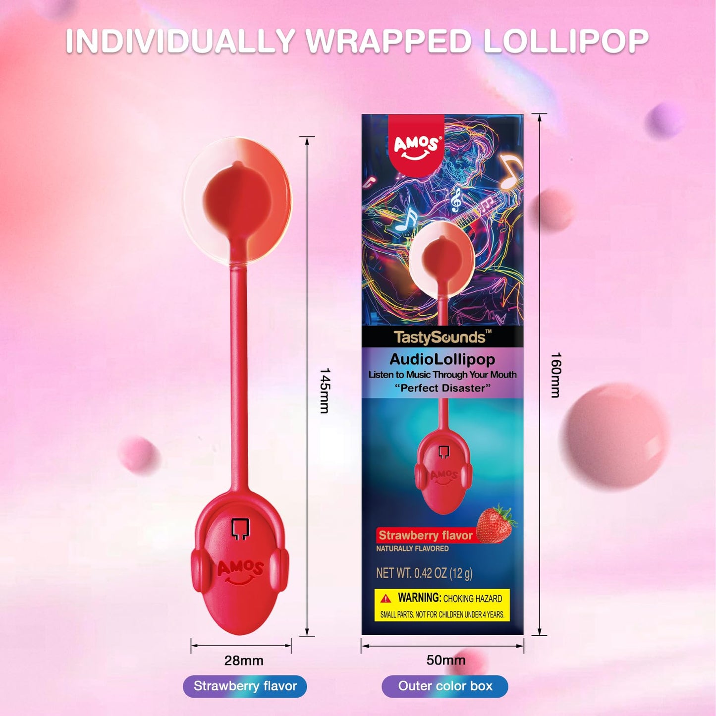 Amos Audio Music Lollipop Suckers, Sugar Free Singing Lollipop - Perfect Disaster, Natural Strawberry Flavor(Pack Of 1)