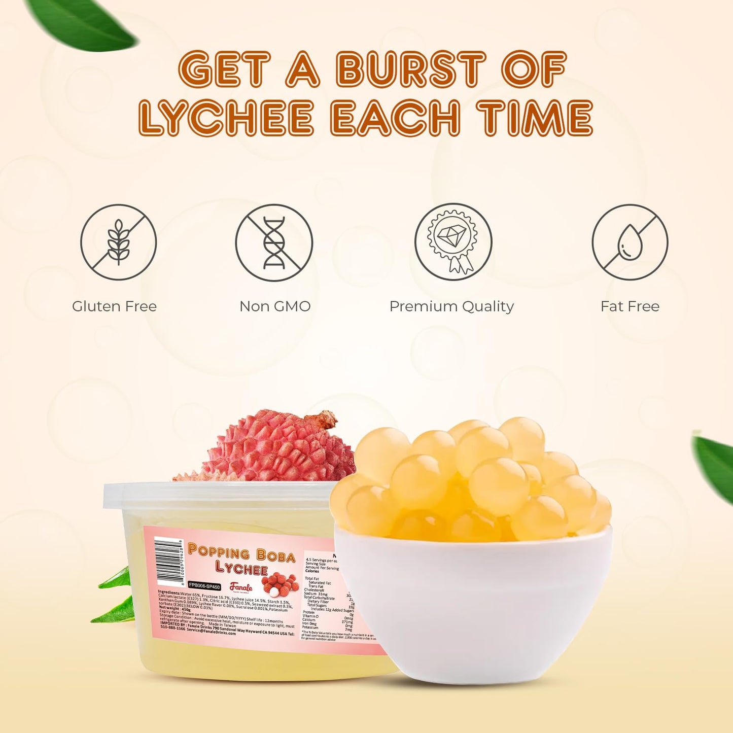 Fanale Popping Boba Pearls for Bubble Tea - Lychee Flavor, 1 lb x 12 Pack
