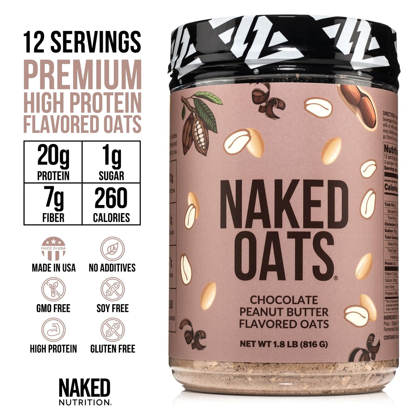 Naked Nutrition Chocolate PB Overnight Oats, 20g Protein, Gluten-Free, 12 Servings