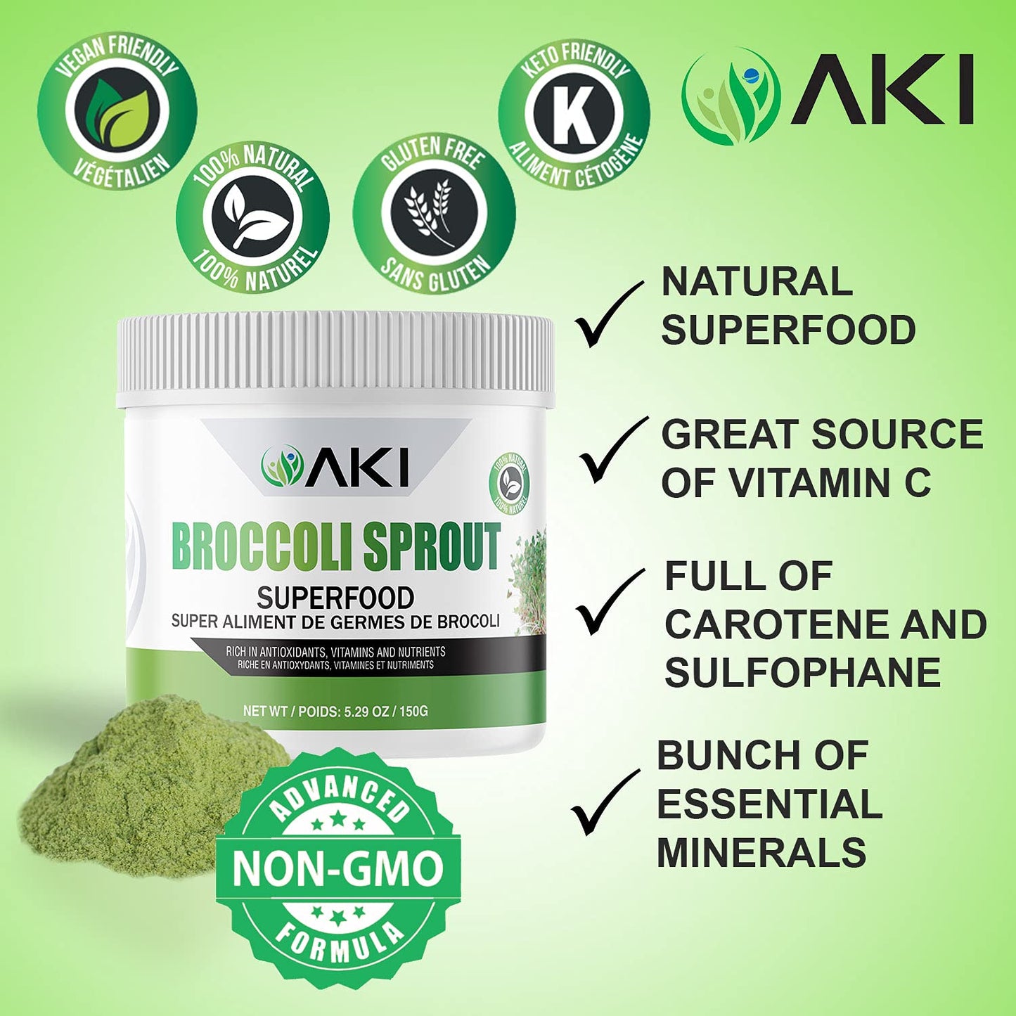 AKI Broccoli Sprout Powder - Ideal in Vitamins & Sulforaphane - Superfood for Green Veggie Smoothie Beverage or Meal - Non GMO (