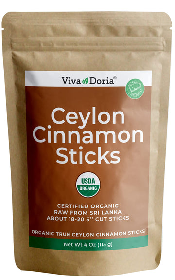 Viva Doria Organic Ceylon Cinnamon Sticks, 5'' Cut, Cinnamomum Zeylanicum, True Cinnamon, 4 Oz, | 18-20 Sticks | 100% Raw From S