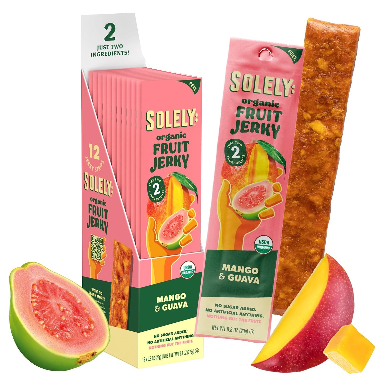 SOLELY - Organic Mango Guava Fruit Jerky - 12 Individually Wrapped Strips (12-Pack) - Fruit Leather Made from Dried Fruit - Heal