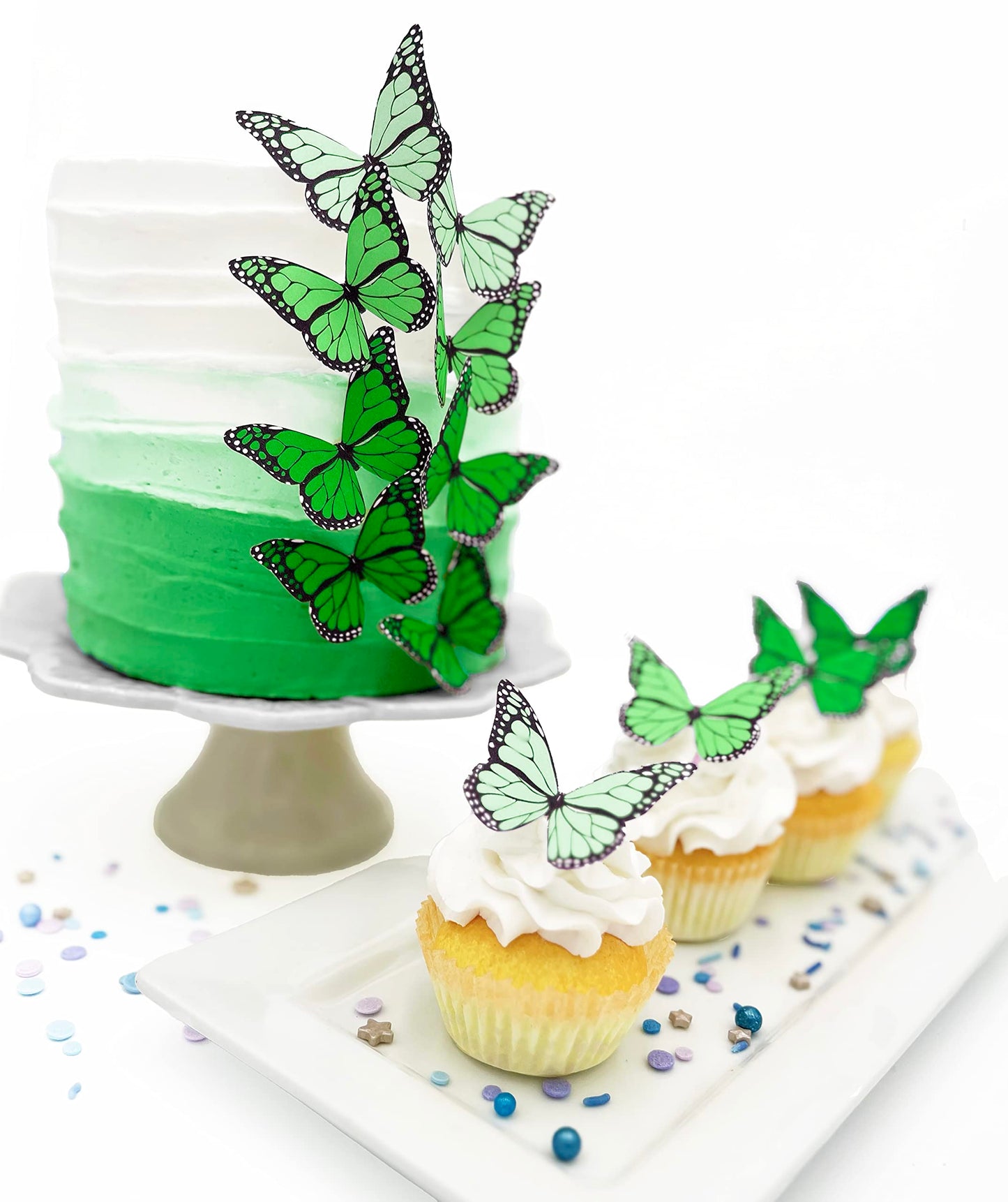 Sugar Robot Edible Butterflies For Cake Decorating- Ombre Monarch Butterfly- Cake Toppers And Cupcake Toppers - Decoration Made In The Usa - Top-Grade Crafted (Green)