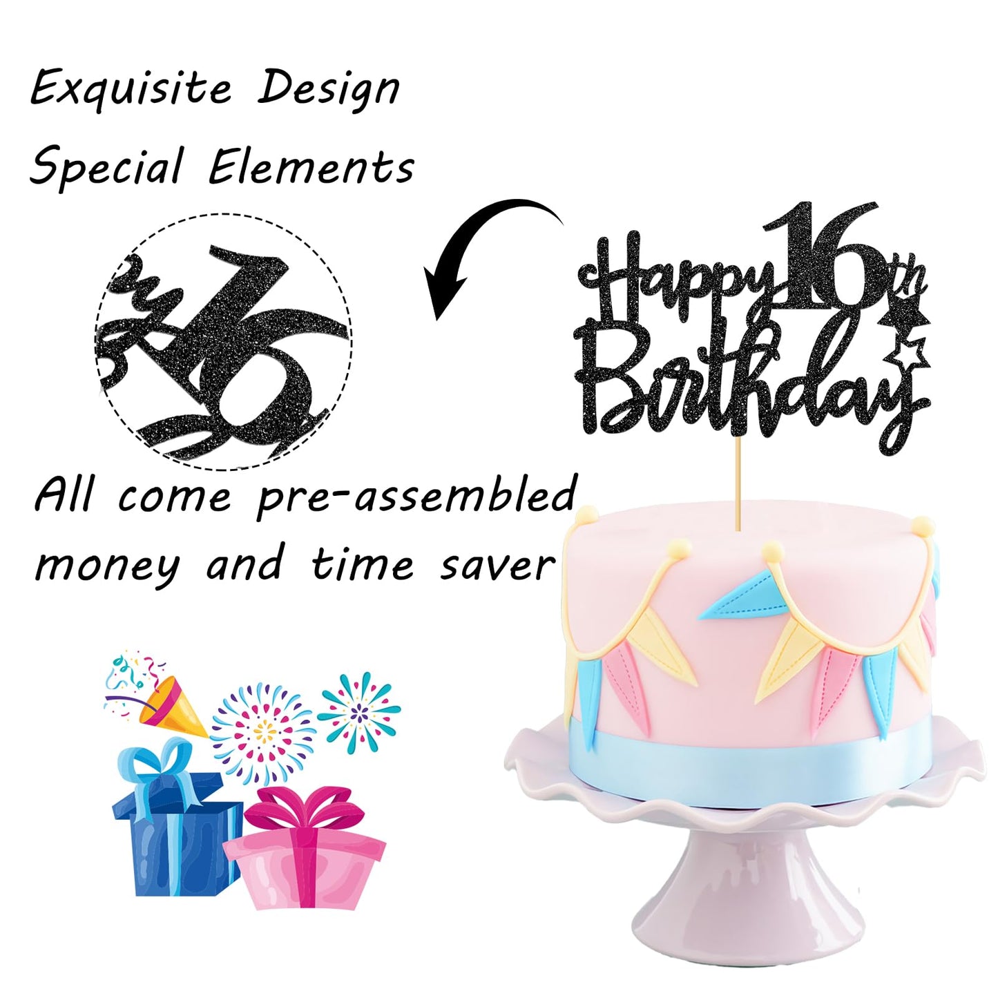 Black Glitter Happy 16Th Birthday Cake Topper, 16Th Anniversary, Sweet 16, Cheers To 16 Years Party Decorations