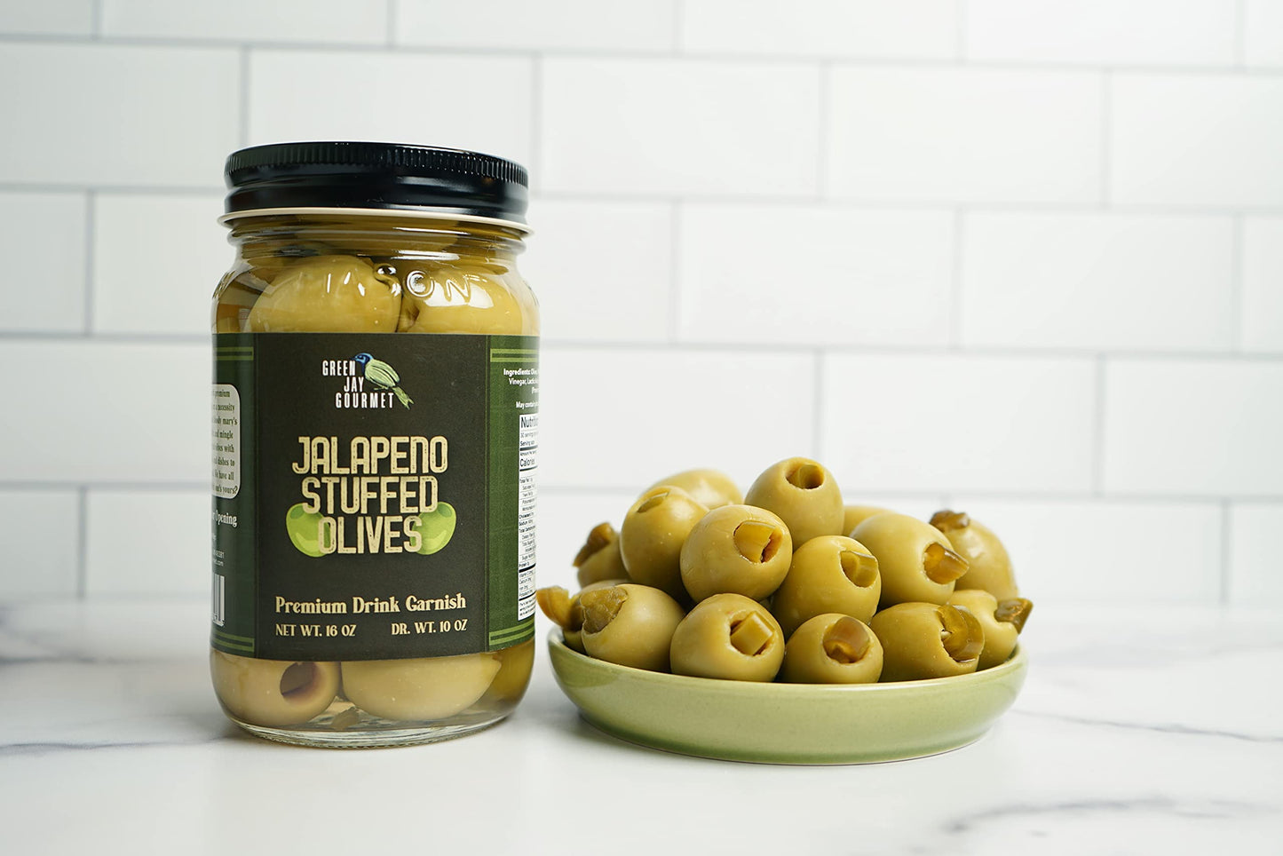 Green Jay Gourmet Jalapeno Stuffed Olives - All Natural - 2 x 16 Oz - Perfect for Cocktails & Cheese Boards