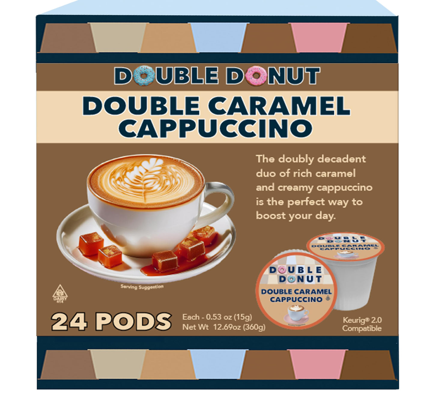 Double Donut Coffee Cappuccino Pods  Caramel Cappuccino  Single Serve for Keurig K Cups malt-inspired  24 Count