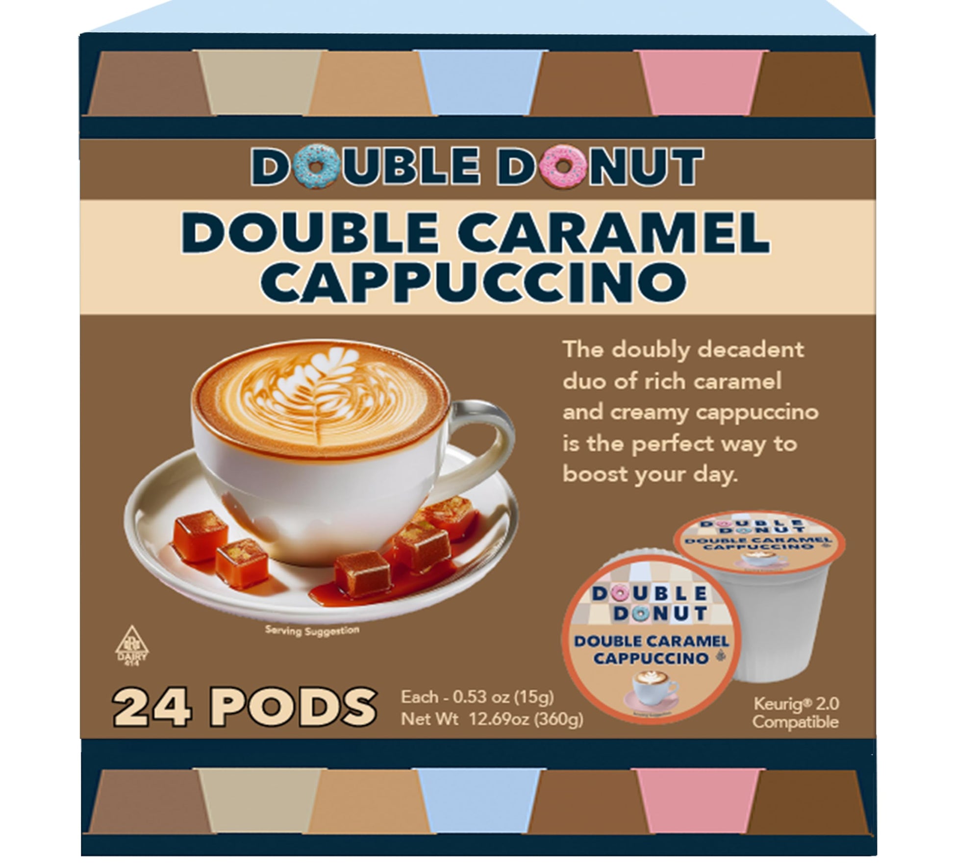 Double Donut Coffee Cappuccino Pods  Caramel Cappuccino  Single Serve for Keurig K Cups malt-inspired  24 Count