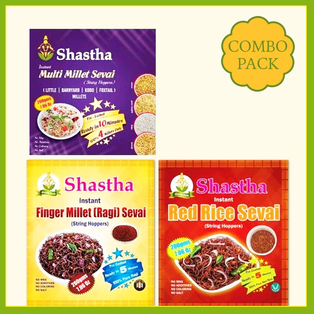 Shastha Rice Sevai Combo Pack B - (Finger Millet sevai 200g- 2 Pkts, Multi Millet Sevai 200g - 2 Pkts & Red Rice Sevai 200g - 2 