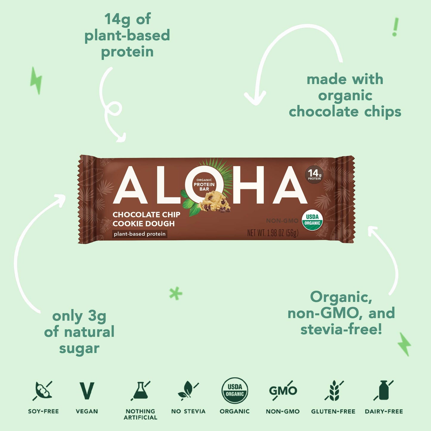Aloha Organic Plant-Based Protein Bar, Chocolate Chip Cookie Dough, 1.98 Oz