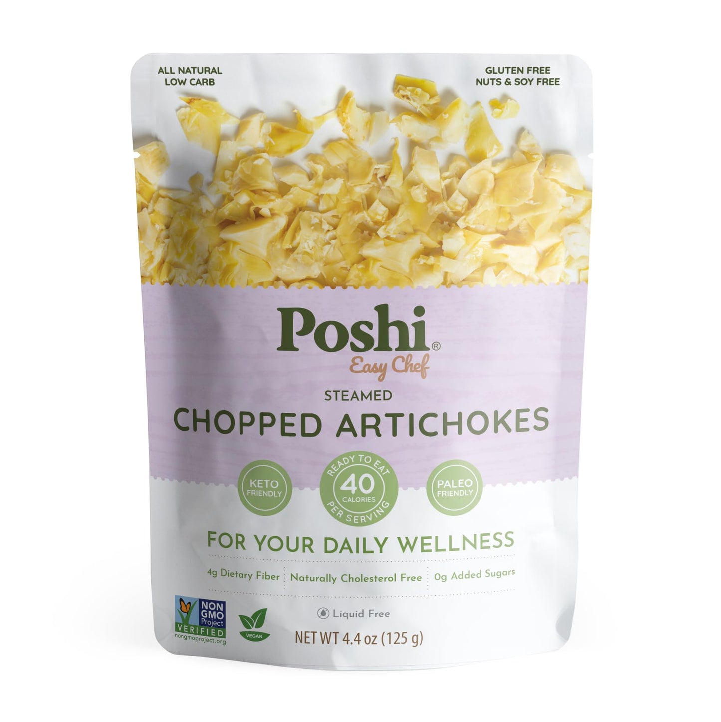 Poshi Chopped Artichoke Hearts - Steamed, Gluten-Free, Vegan - 6-Pack (4.4 oz/Pouch)