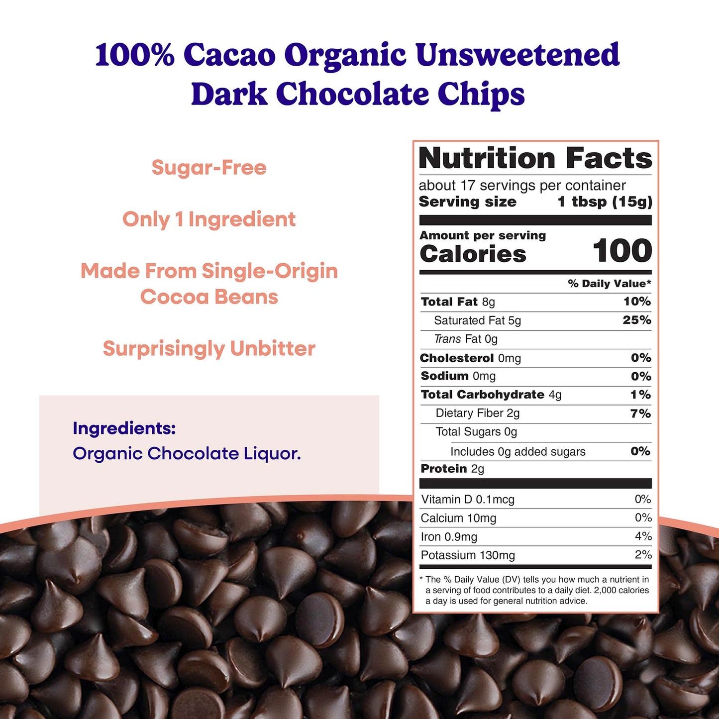 Pascha Organic 100% Cacao Baking Chips, Unsweetened Dark Chocolate, Sugar-Free, Keto, Vegan, 8.8 Ounce (Pack of 6)