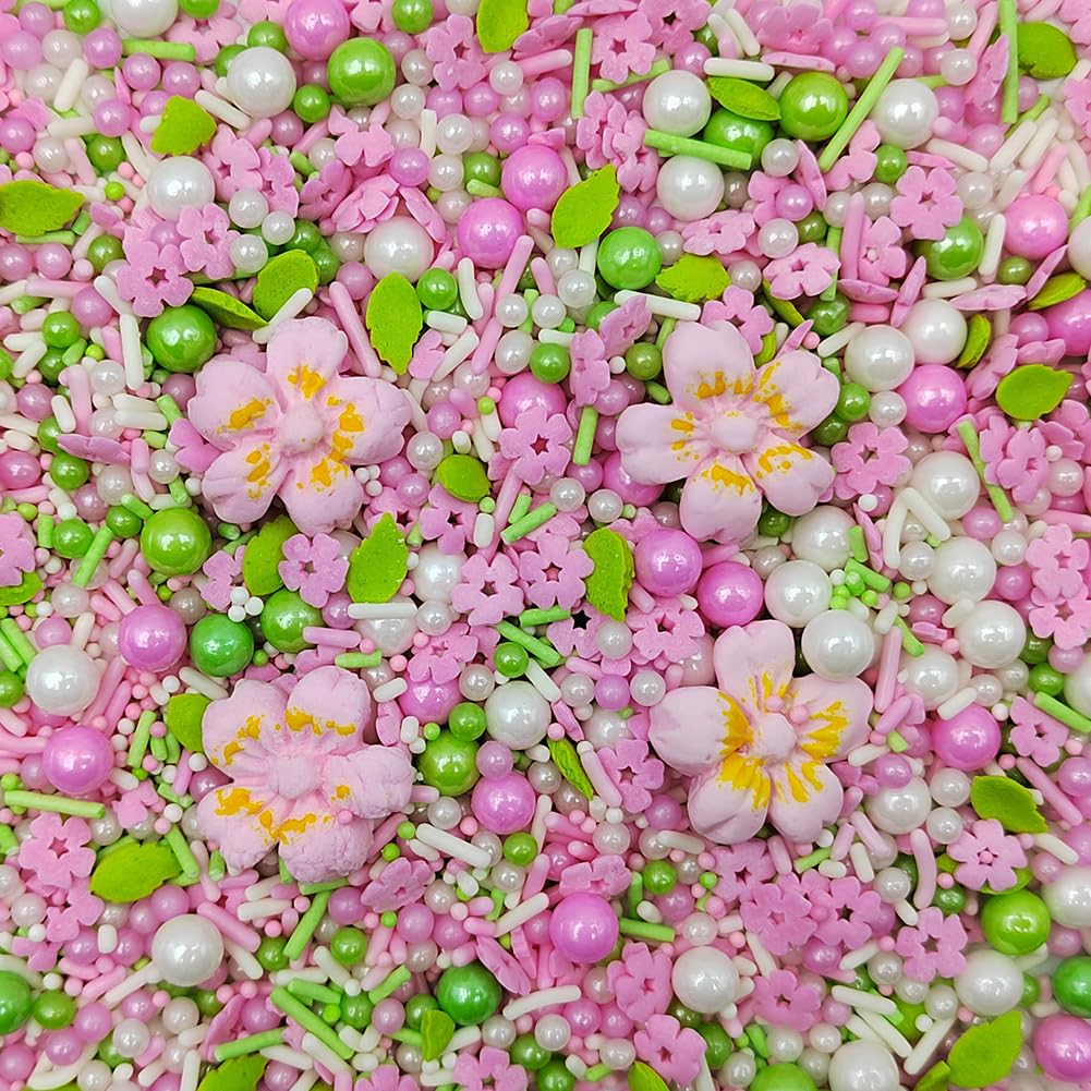 Eastron Pink Flowers Sprinkles Edible Flowers for Cake Decorating White Pink Sugar Pearls Spring Confetti Sprinkles for Cupcakes