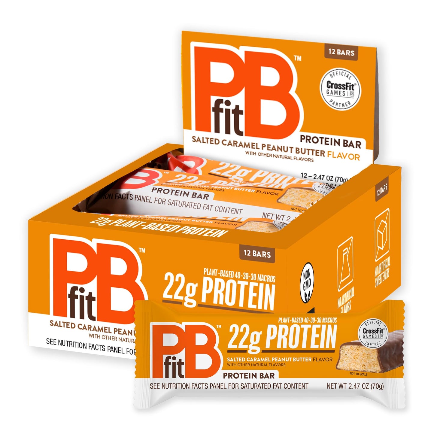 PBfit Salted Caramel Peanut Butter Protein Bars  22g Protein  Gluten Free  Vegan  Plant-Based 40-30-30 Macros  2.47 Oz (Pack of 12)