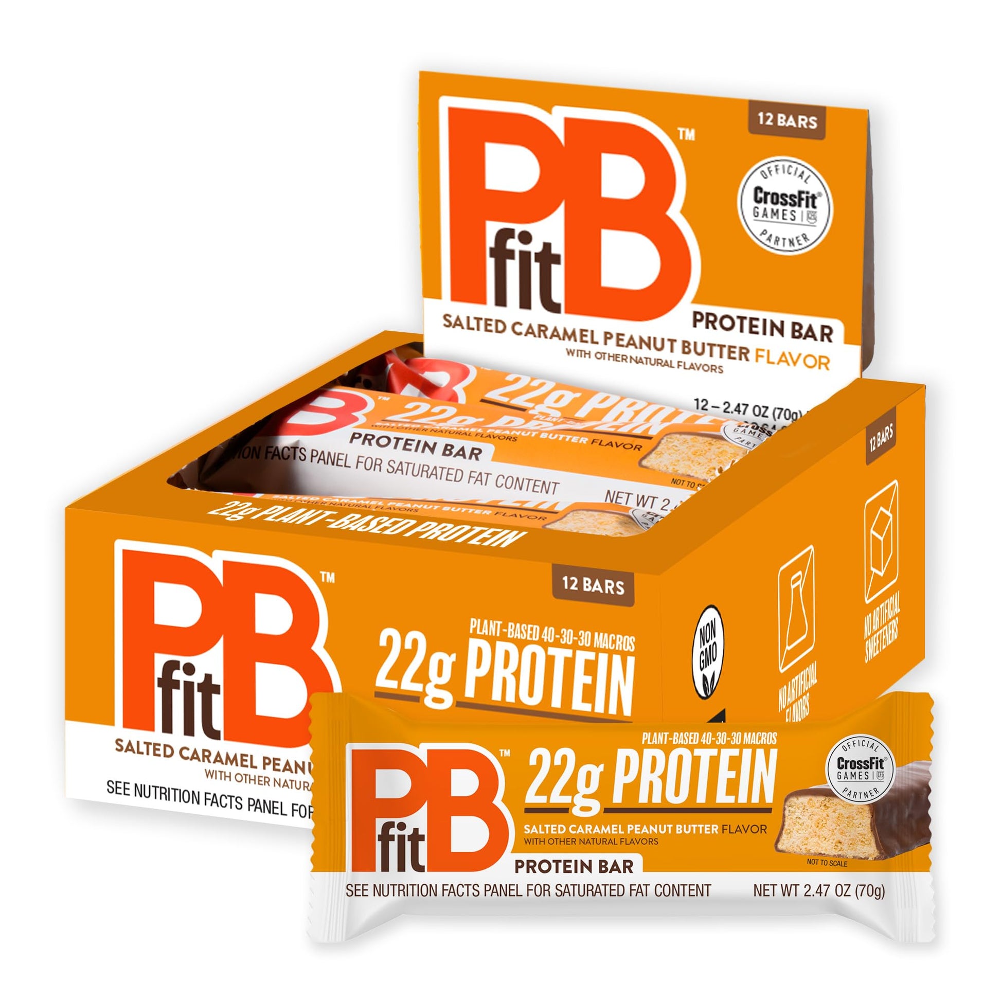 PBfit Salted Caramel Peanut Butter Protein Bars  22g Protein  Gluten Free  Vegan  Plant-Based 40-30-30 Macros  2.47 Oz (Pack of 12)
