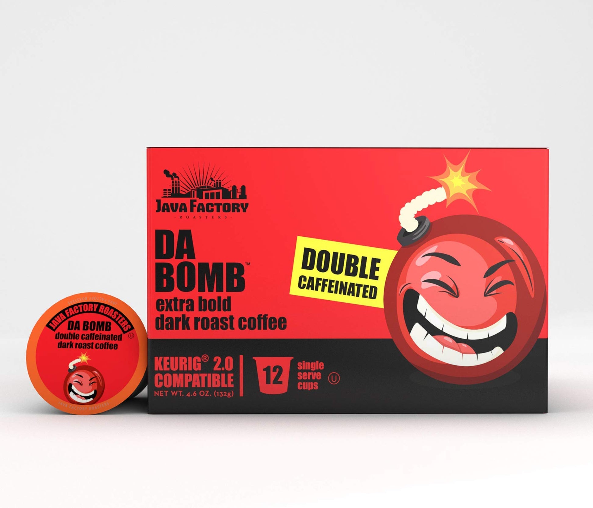 Java Factory Extra Caffeine Dark Roast Coffee Pods, 12 Count, Extra Bold, Da Bomb