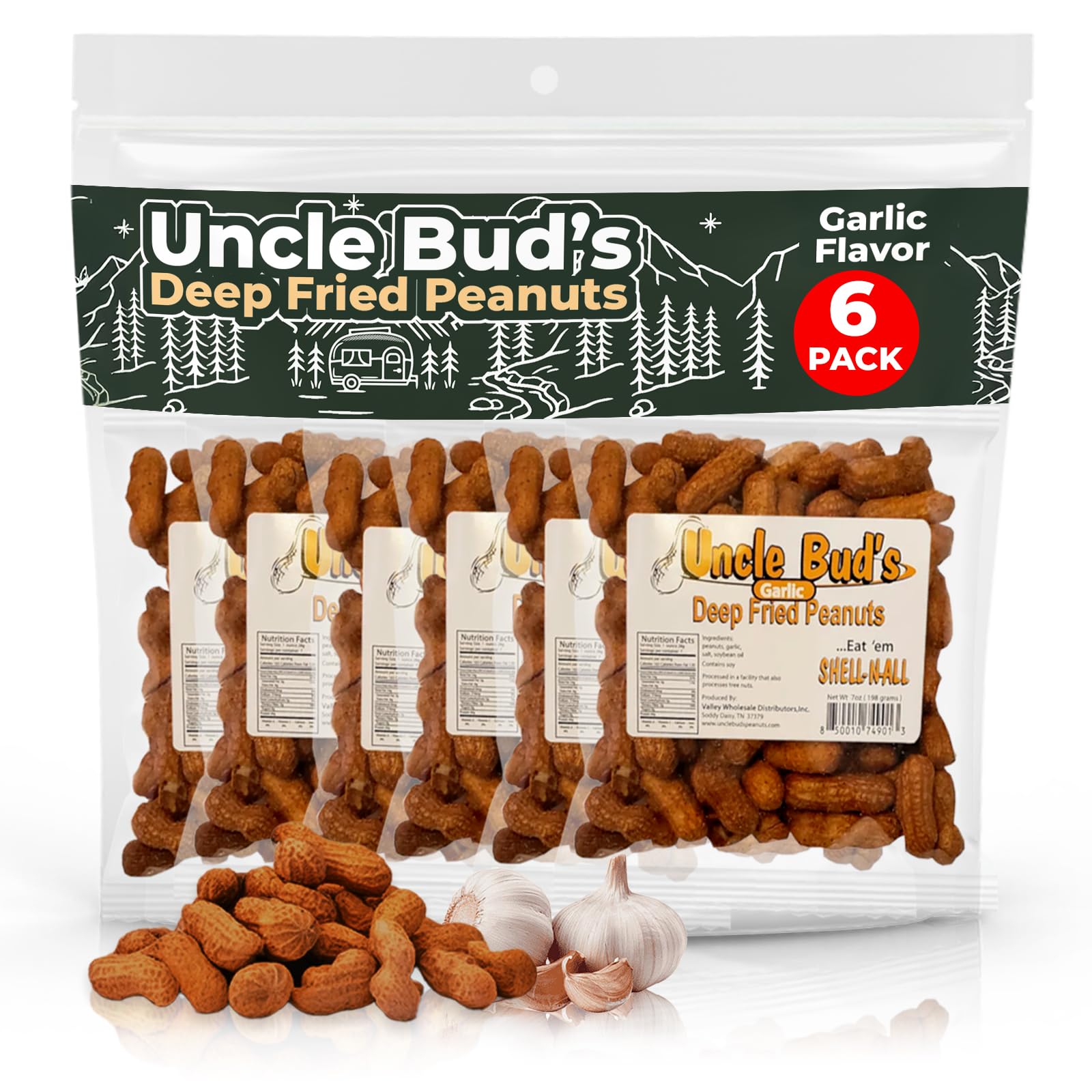 Jerky-n-Spice Uncle Buds Deep Fried Peanuts In Shell 6-Pack - Crunchy Garlic, Hot & Spicy, Organic, Salted Snacks